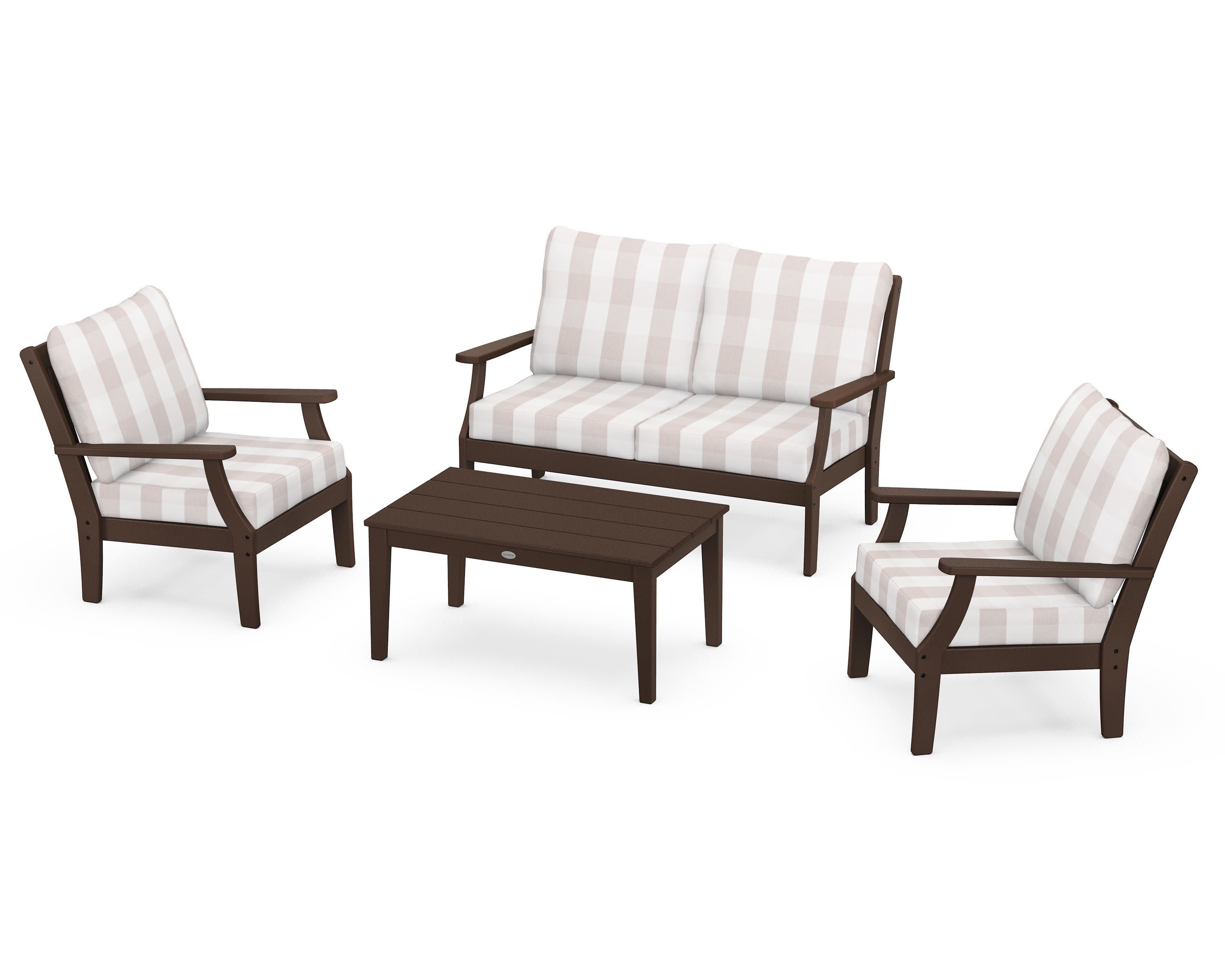 Braxton 4-Piece Deep Seating Chair Set in Mahogany / Buffalo Plaid Dune Burlap
