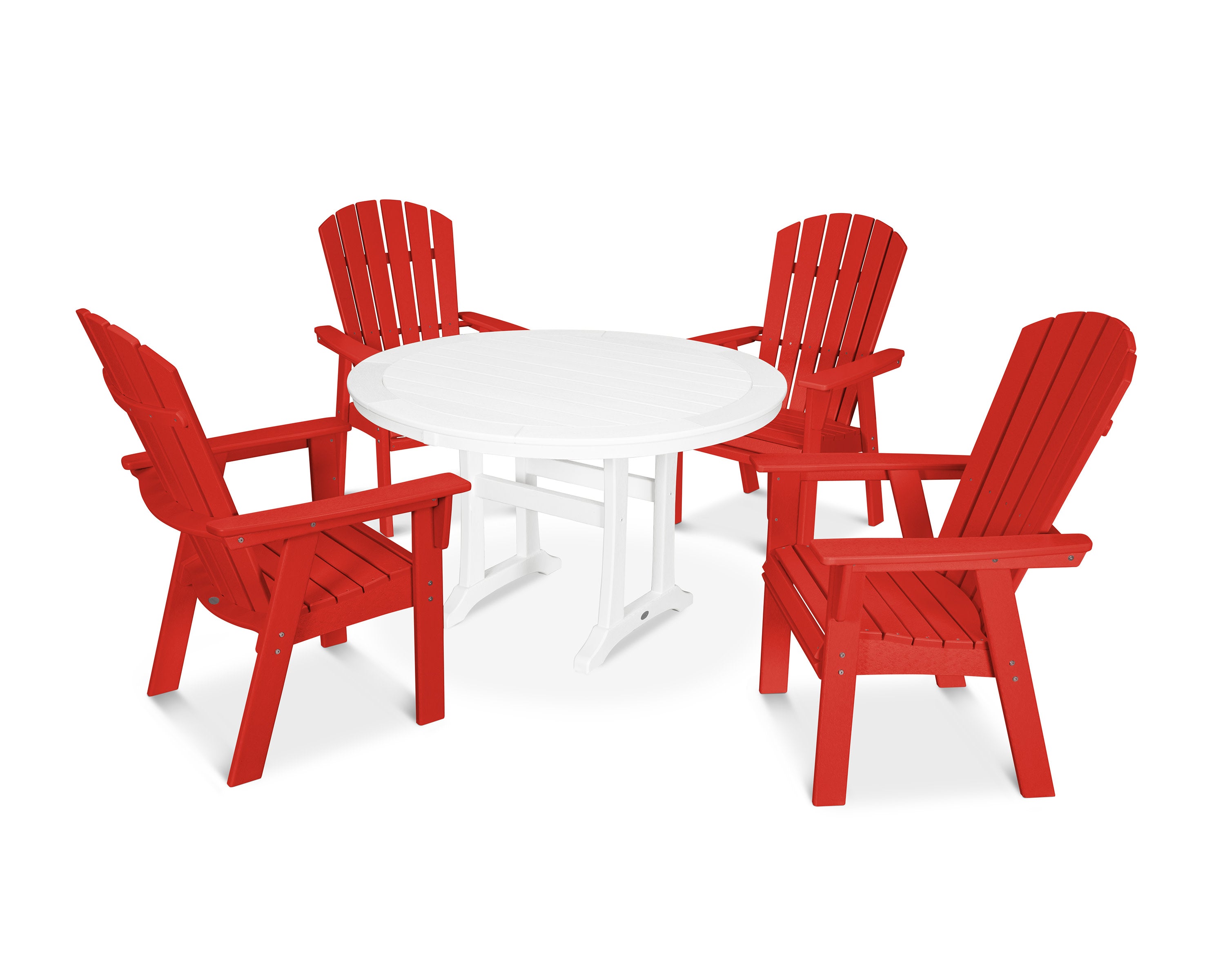 Nautical Curveback Adirondack 5-Piece Round Dining Set with Trestle Legs in Sunset Red / White