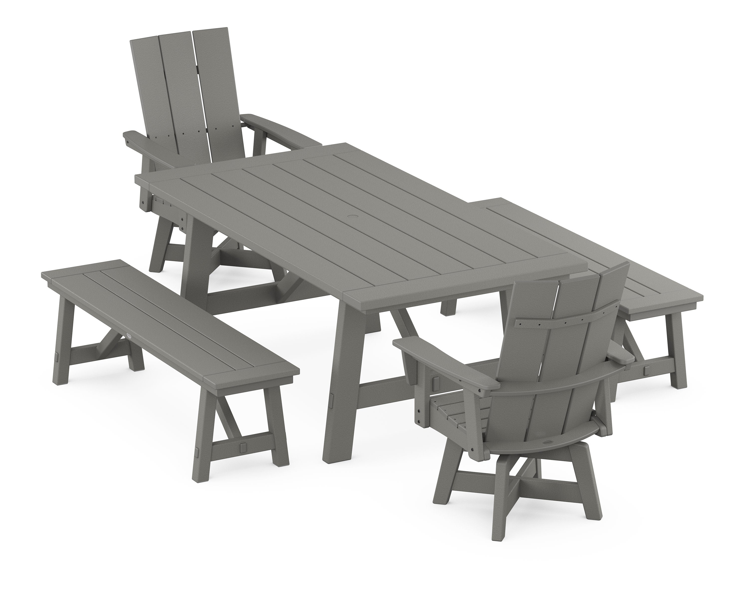 Modern Curveback Adirondack Swivel Chair 5-Piece Rustic Farmhouse Dining Set With Benches in Slate Grey
