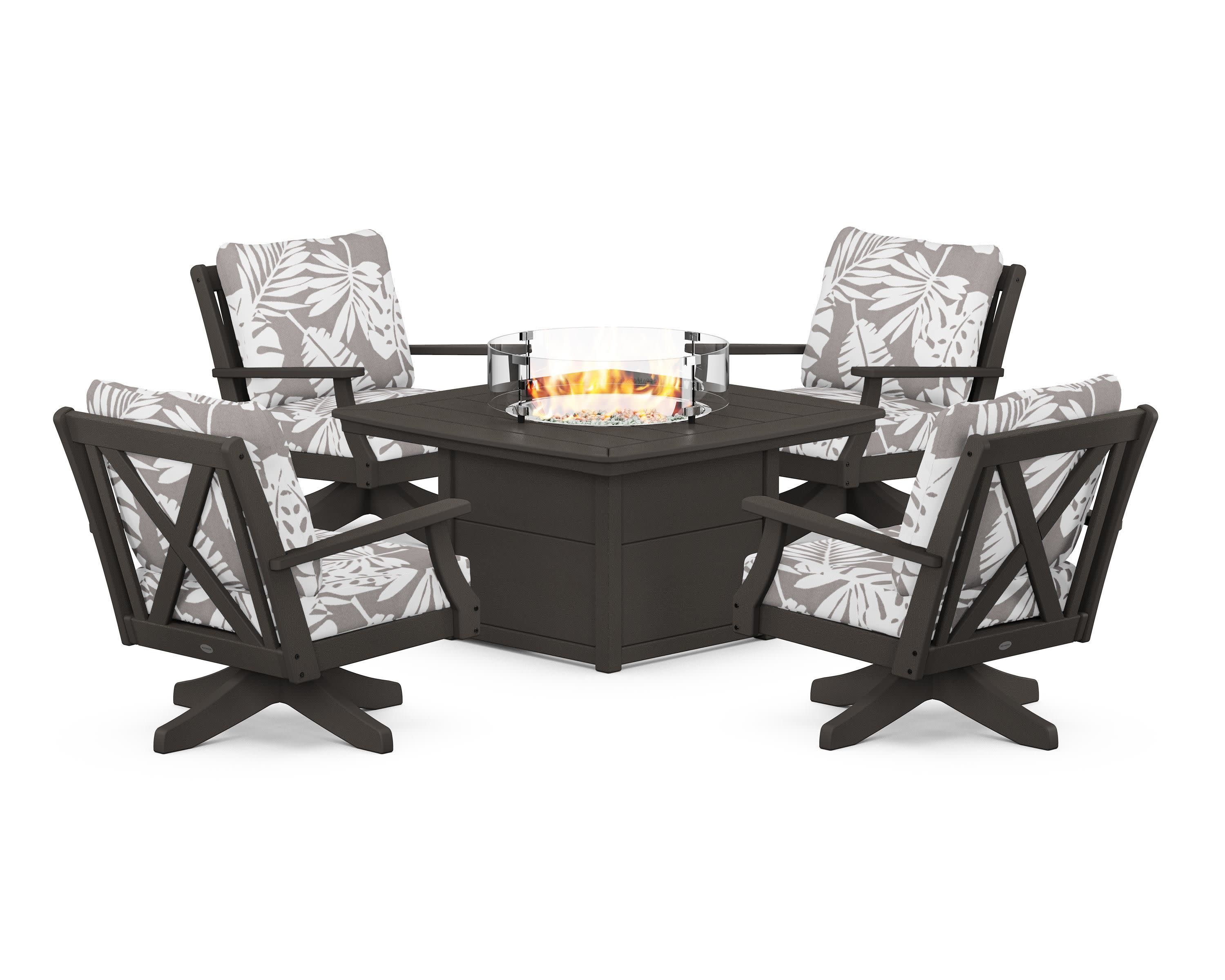 Braxton 5-Piece Deep Seating Swivel Conversation Set with Fire Pit Table in Vintage Coffee / Leaf Grey Mist