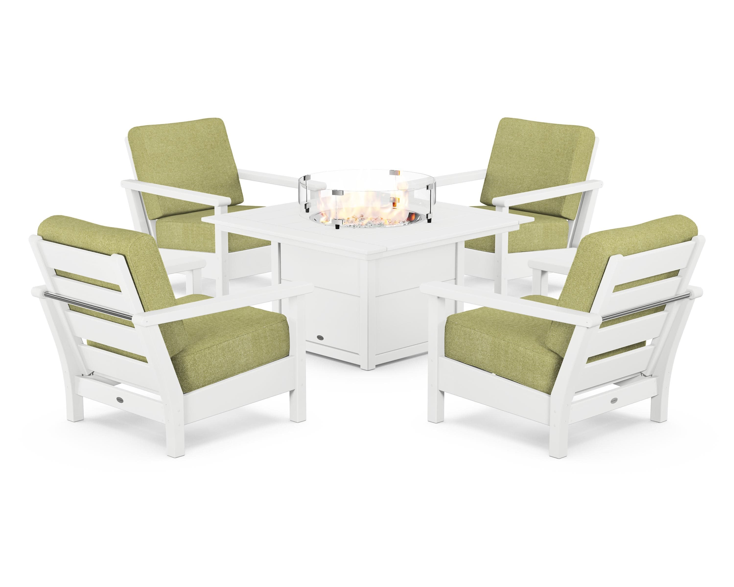 Harbour 5-Piece Conversation Set with Fire Pit Table in White / Chartreuse Boucle