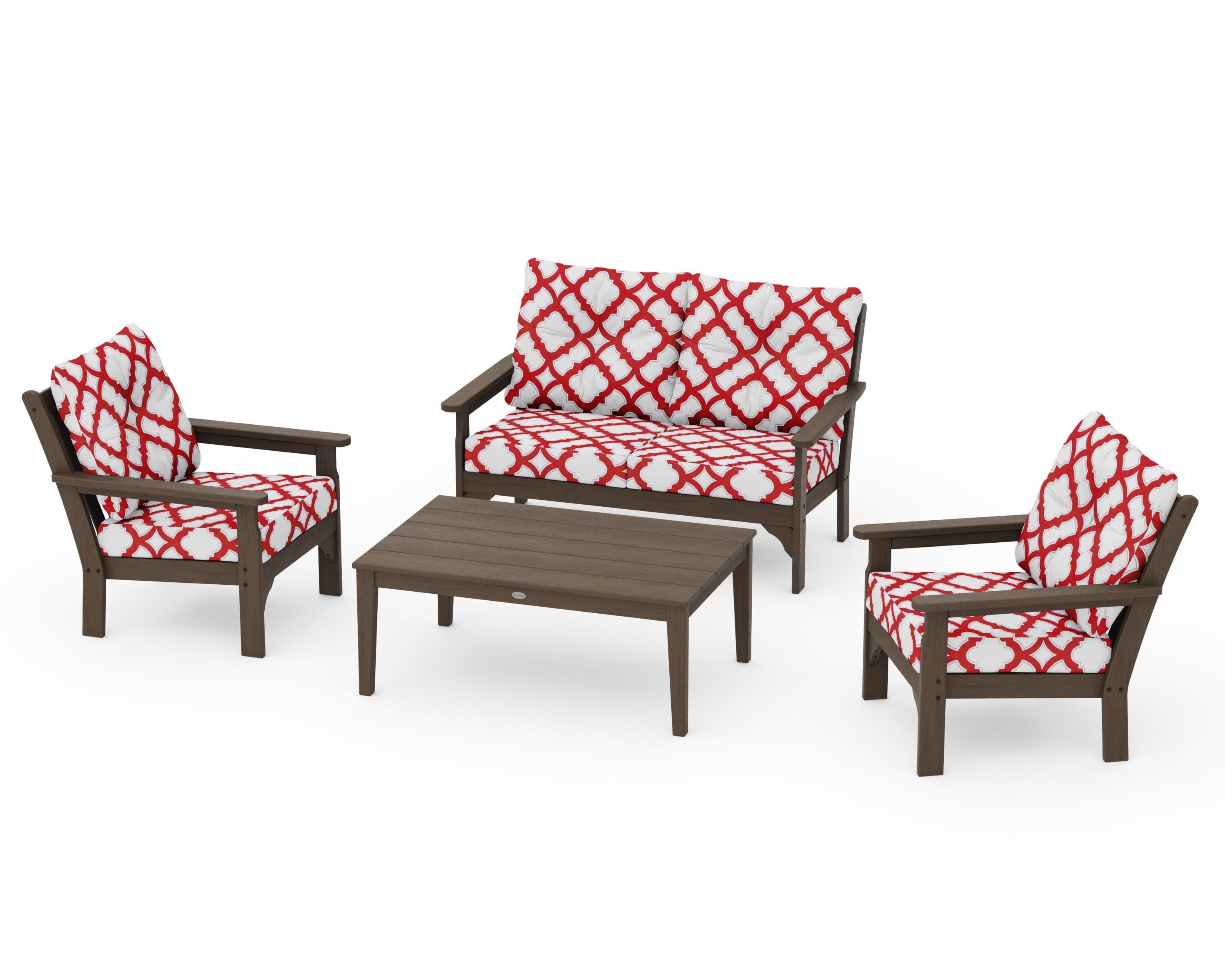 Vineyard 4-Piece Deep Seating Set in Kona / Trellis Crimson