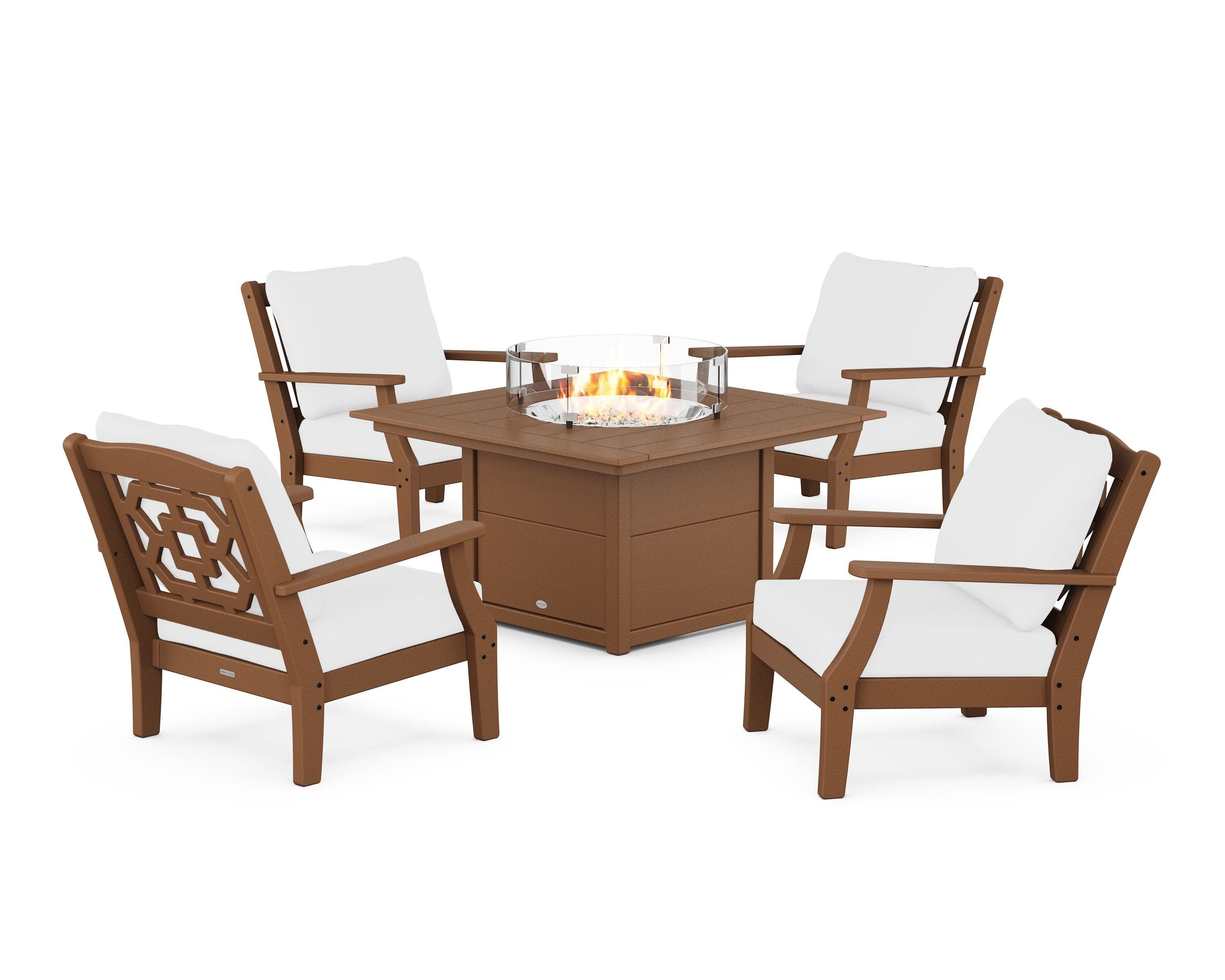 Chinoiserie 5-Piece Deep Seating Set with Fire Pit Table in Teak / Natural