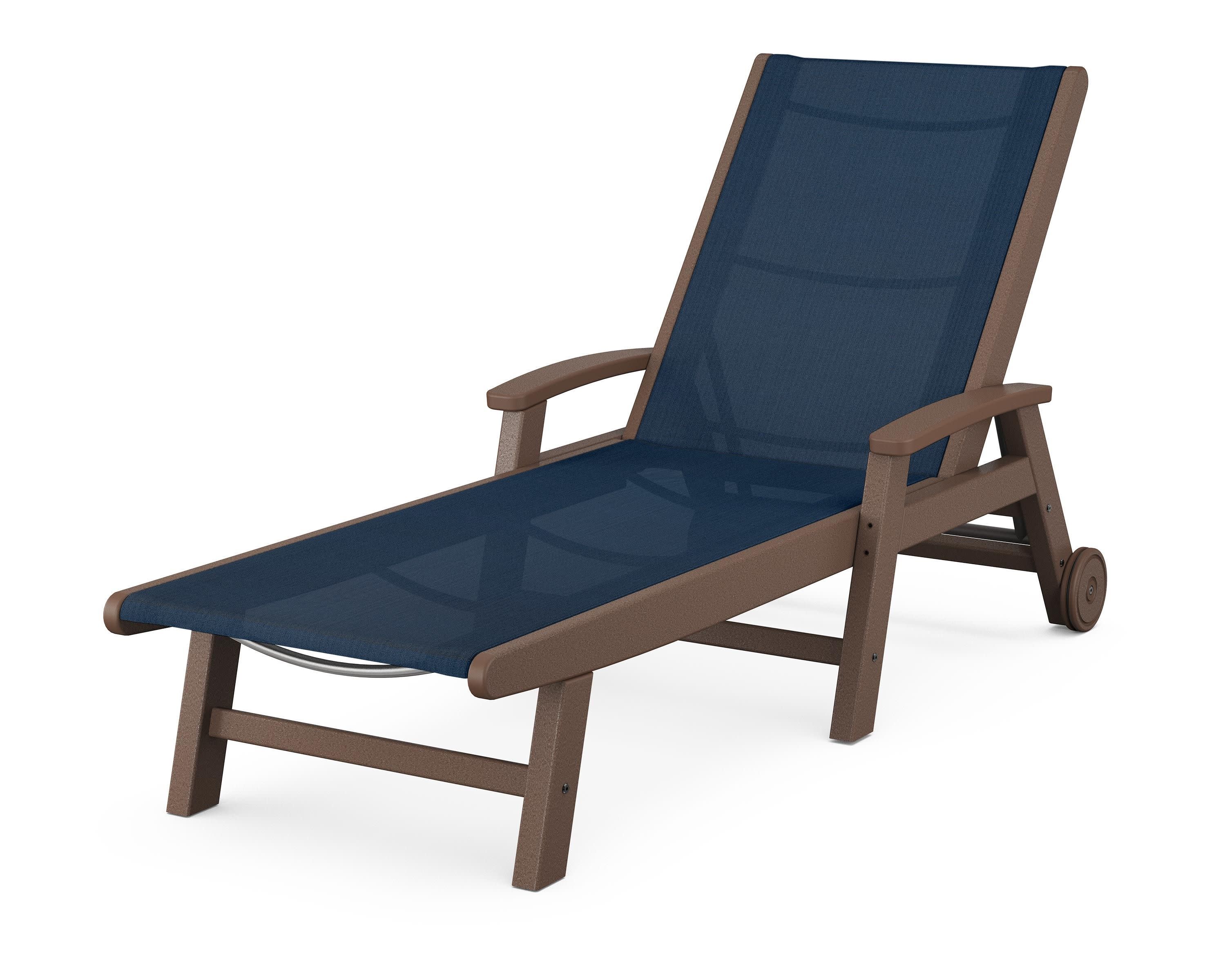 Coastal Chaise with Wheels in Mahogany / Navy Blue Sling