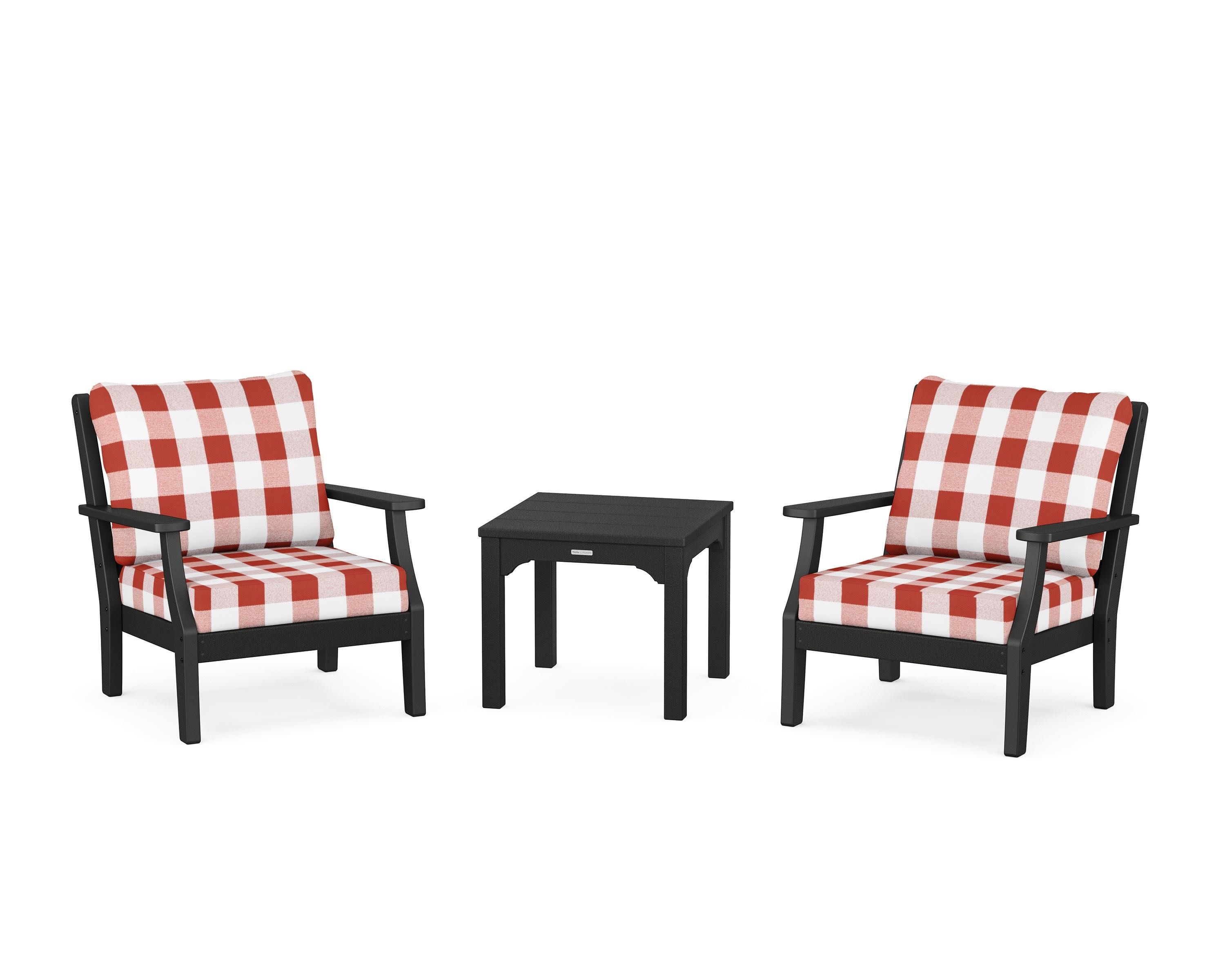 Chinoiserie 3-Piece Deep Seating Set in Black / Buffalo Plaid Crimson