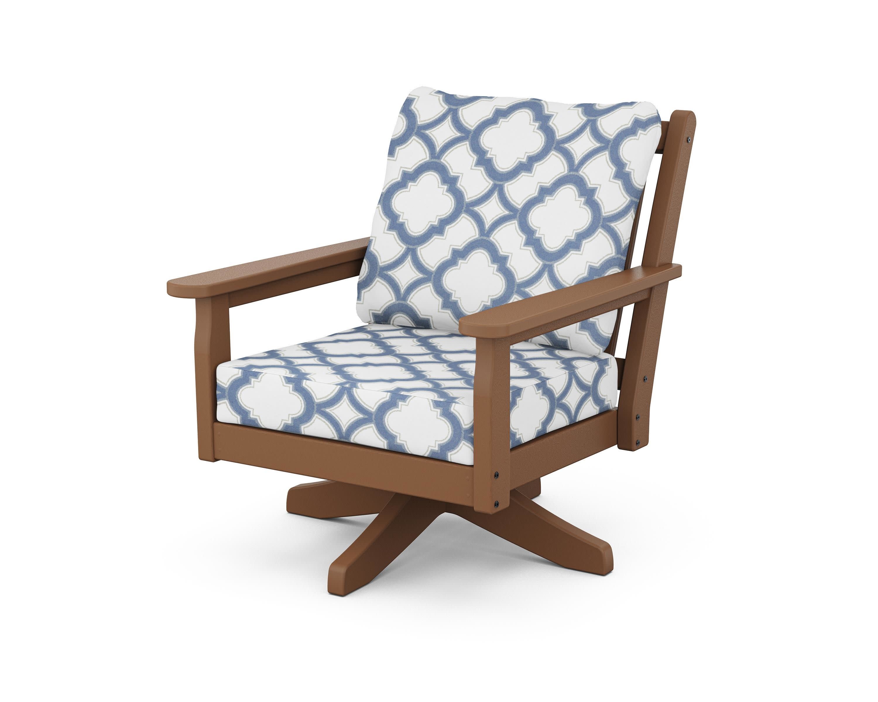 Chippendale Deep Seating Swivel Chair in Teak / Trellis Sky Blue