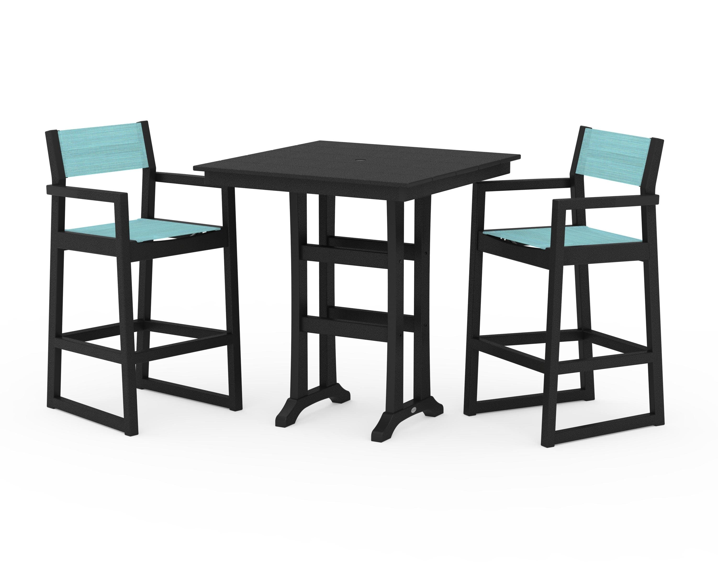 EDGE Sling Arm Chair 3-Piece Farmhouse Bar Set with Trestle Legs in Black / Dupioni Aquamarine Sling