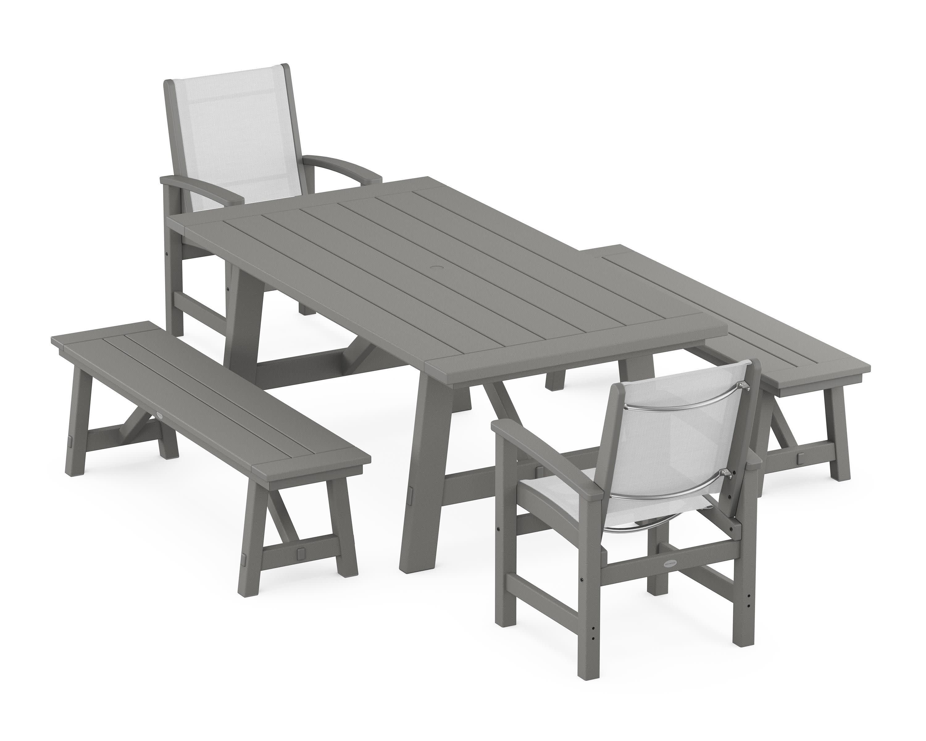 Coastal 5-Piece Rustic Farmhouse Dining Set With Benches in Slate Grey / White Sling