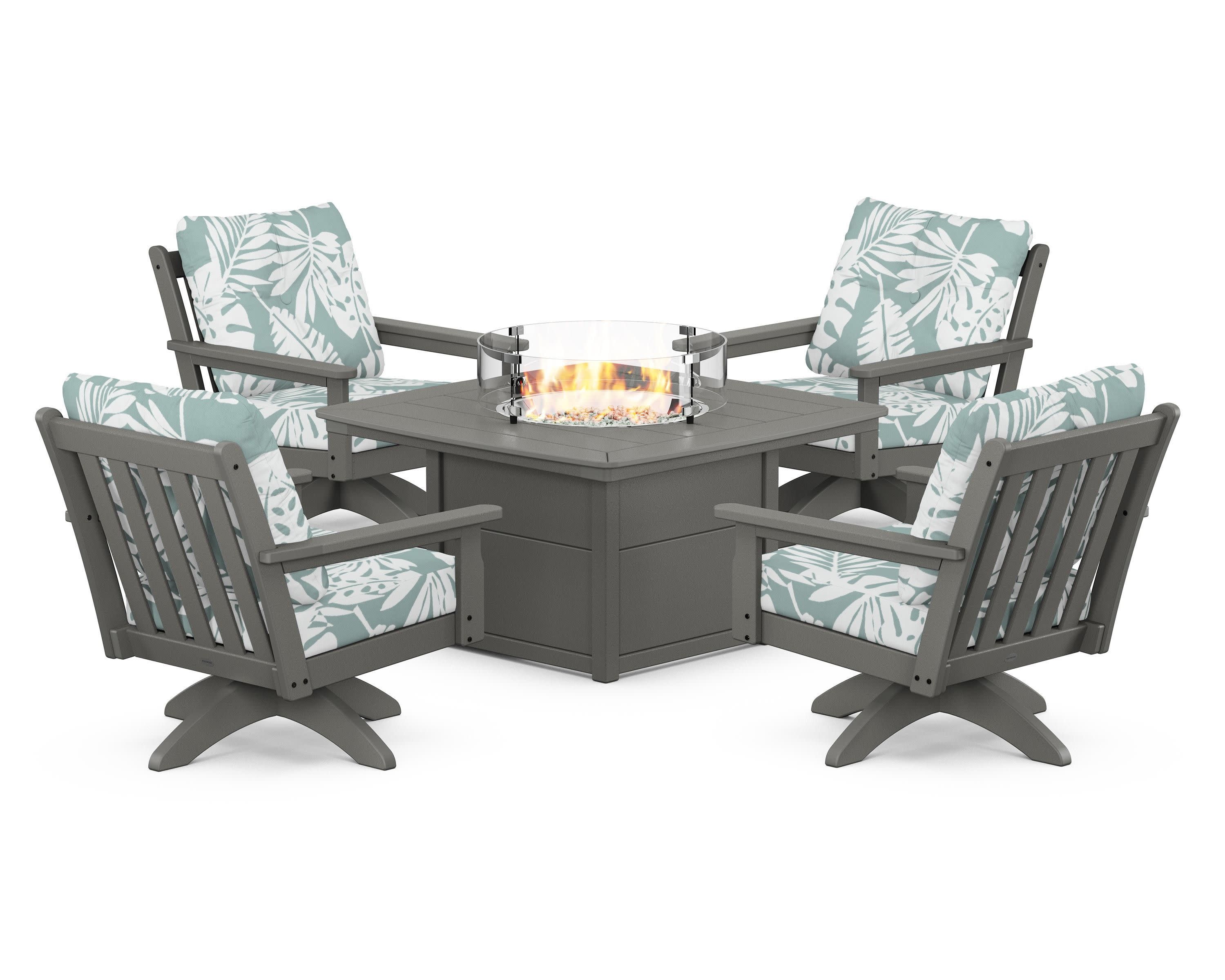 Vineyard 5-Piece Deep Seating Swivel Conversation Set with Fire Pit Table in Slate Grey / Leaf Glacier Spa