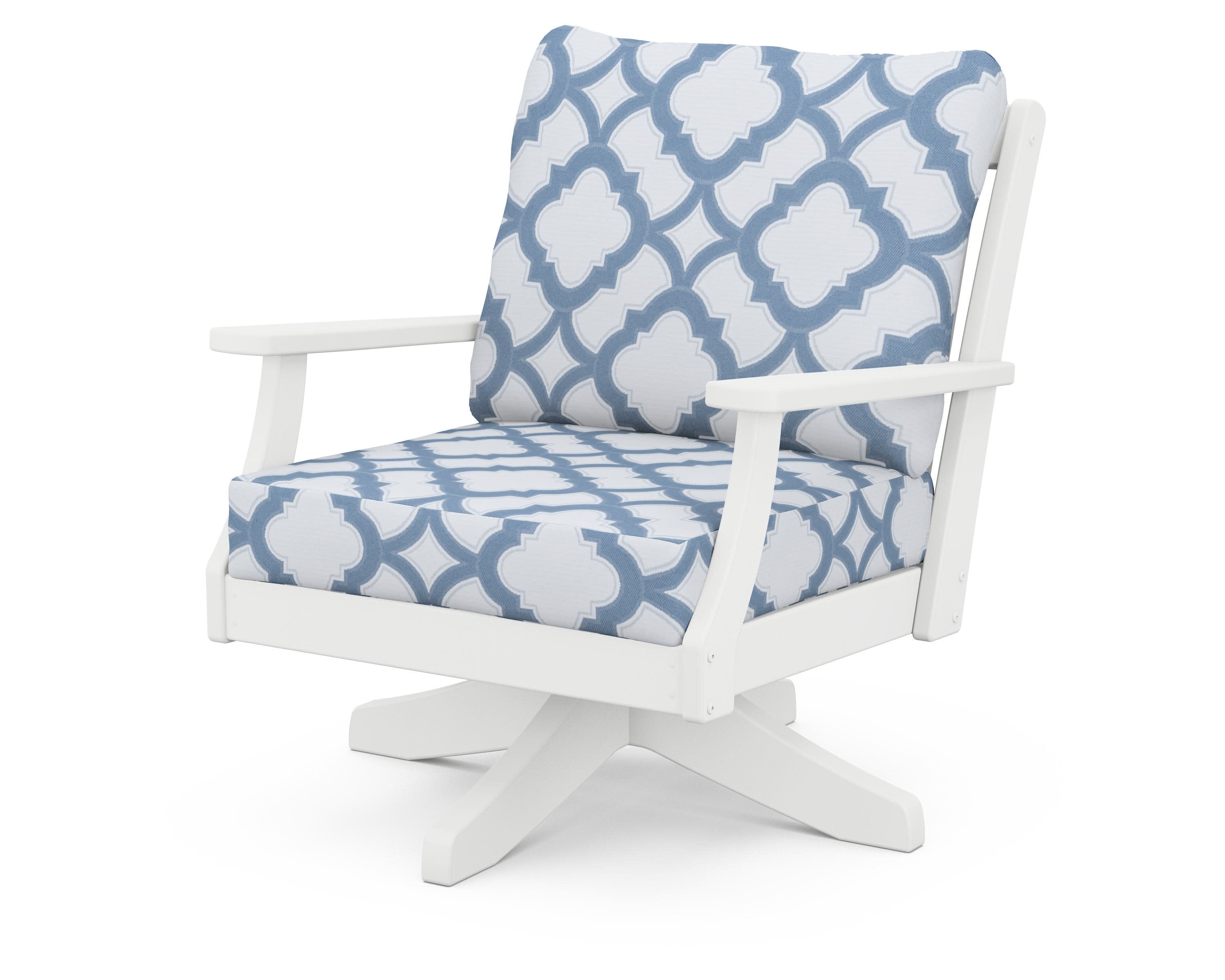 Braxton Deep Seating Swivel Chair in White / Trellis Sky Blue