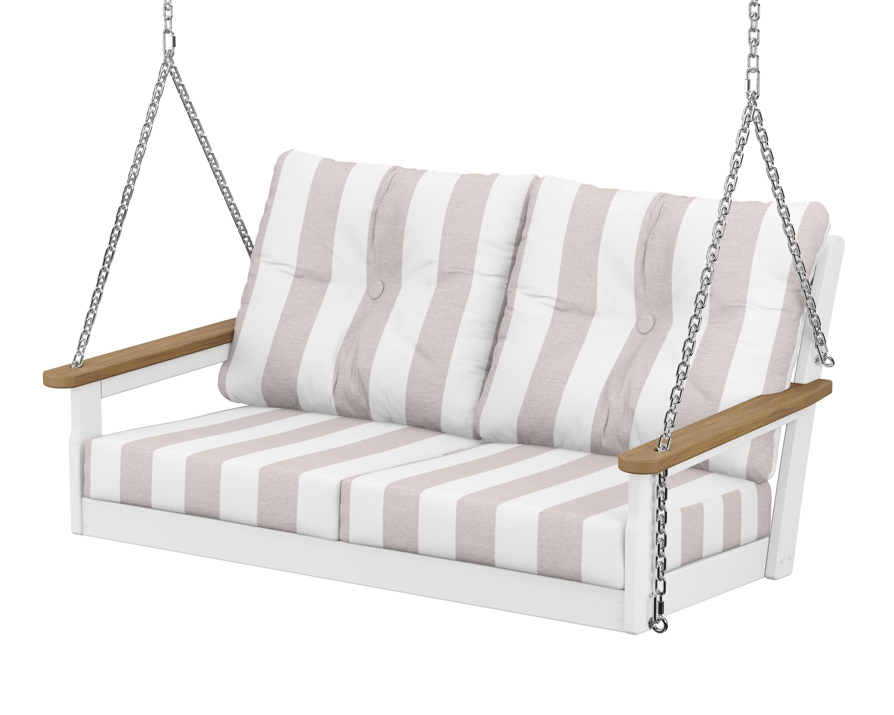 Vineyard Deep Seating Swing in White / Natural / Cabana Stripe Dune Burlap