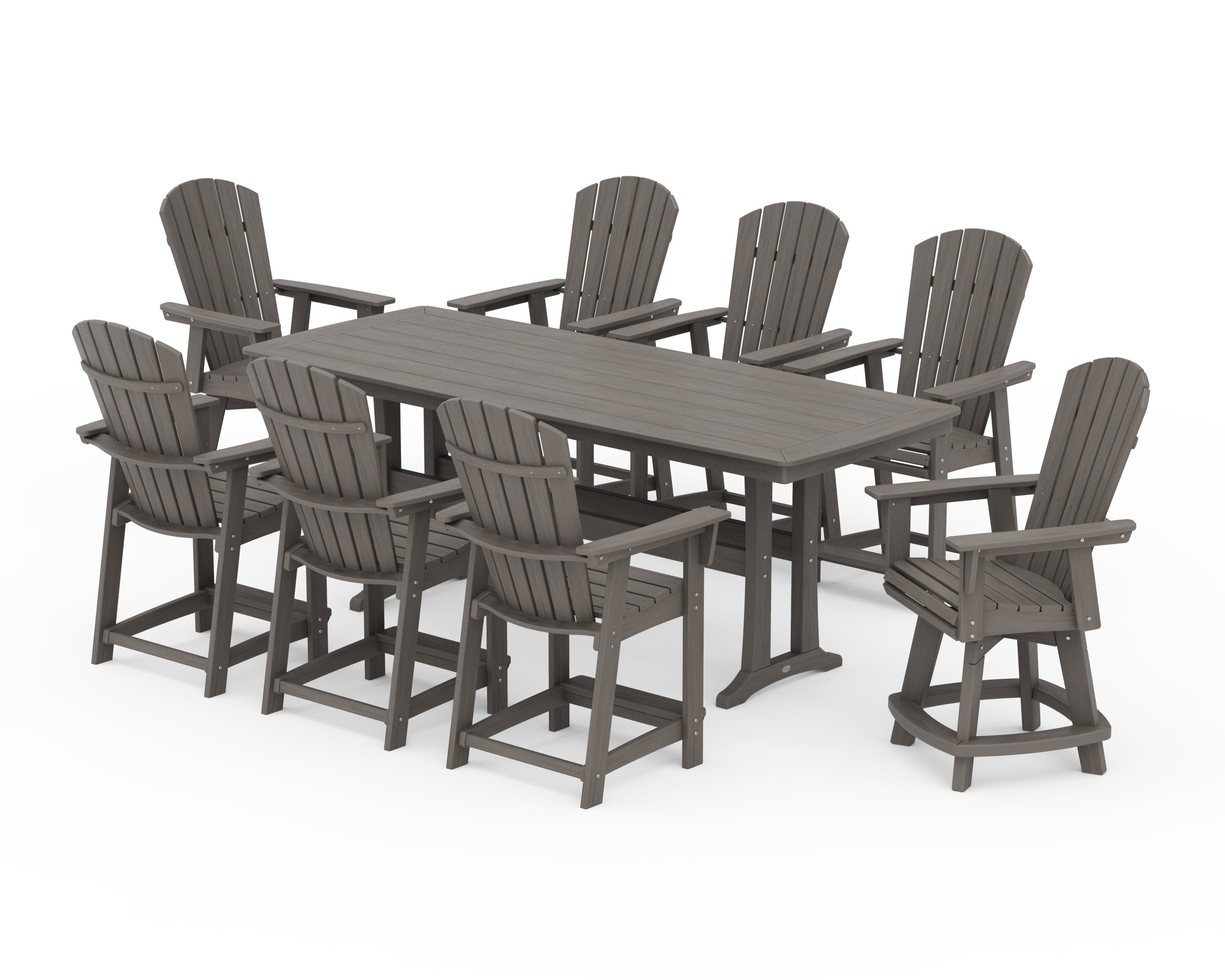 Nautical Curveback Adirondack Swivel 9-Piece Counter Set with Trestle Legs in Driftwood