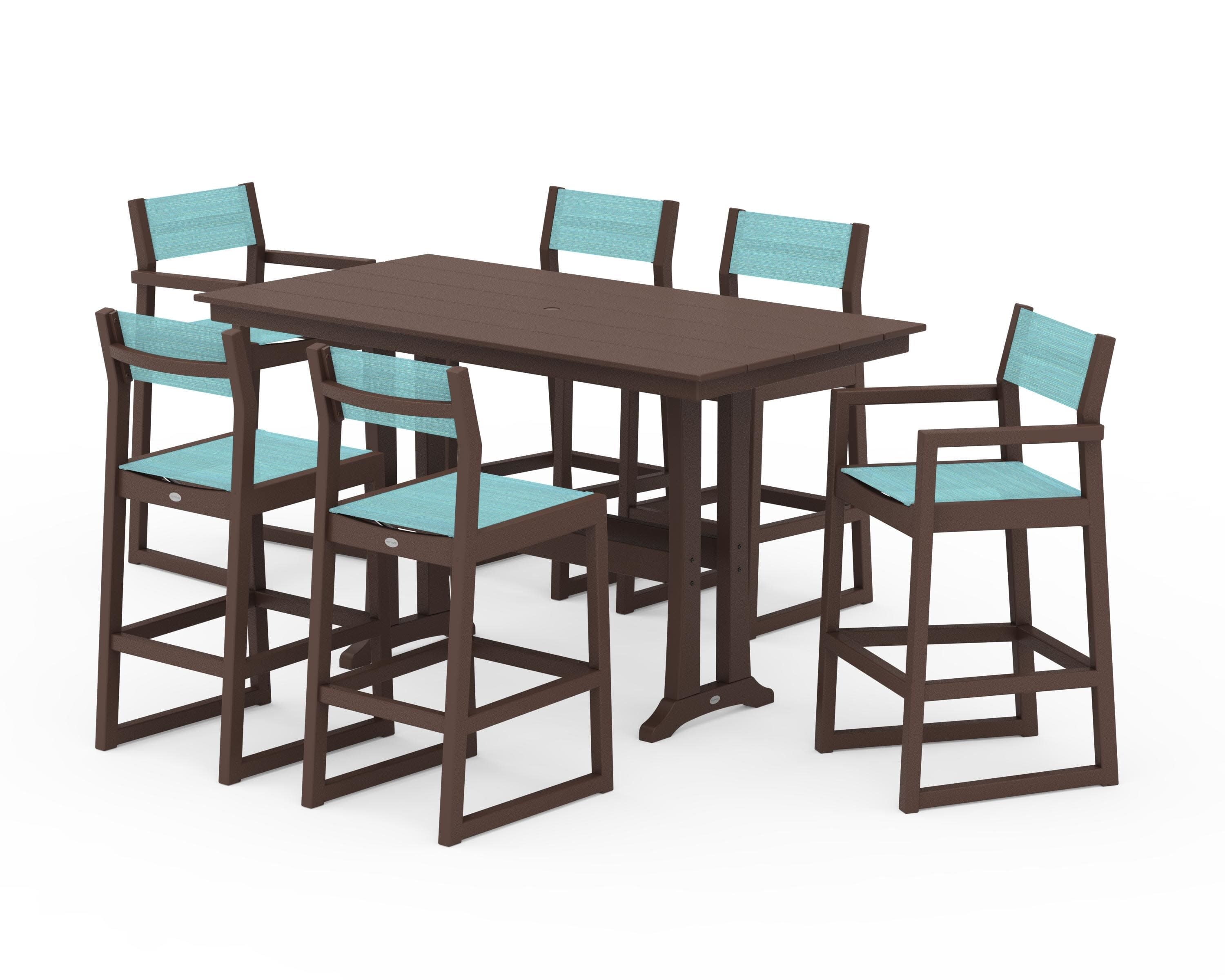 EDGE Sling 7-Piece Farmhouse Bar Set with Trestle Legs in Mahogany / Dupioni Aquamarine Sling