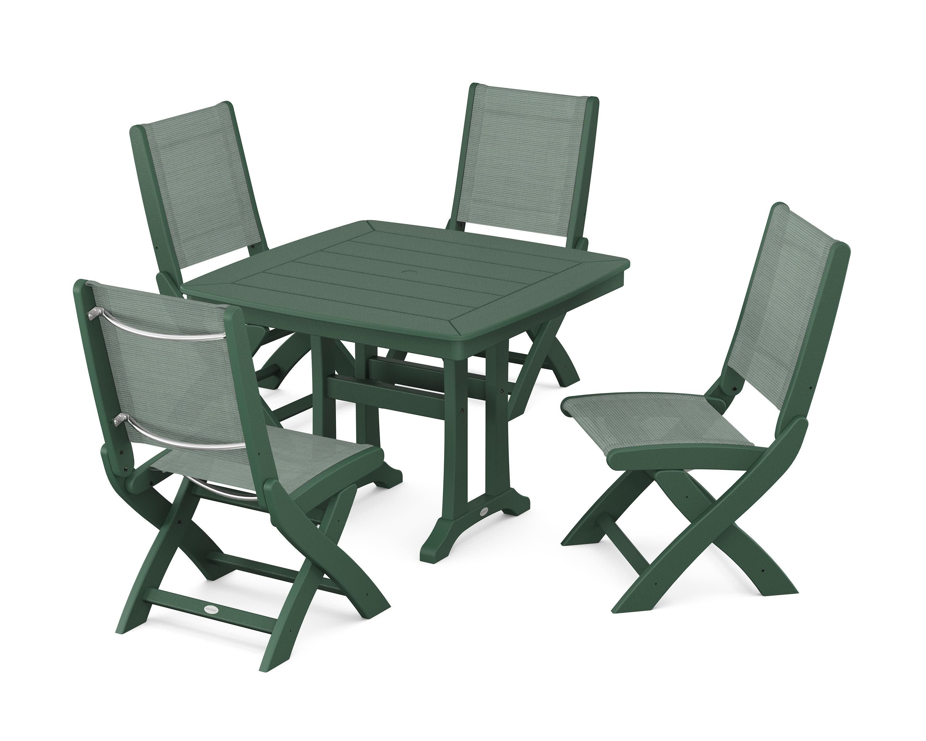 Coastal Folding Side Chair 5-Piece Dining Set with Trestle Legs in Green / Dupioni Sea Mist Sling