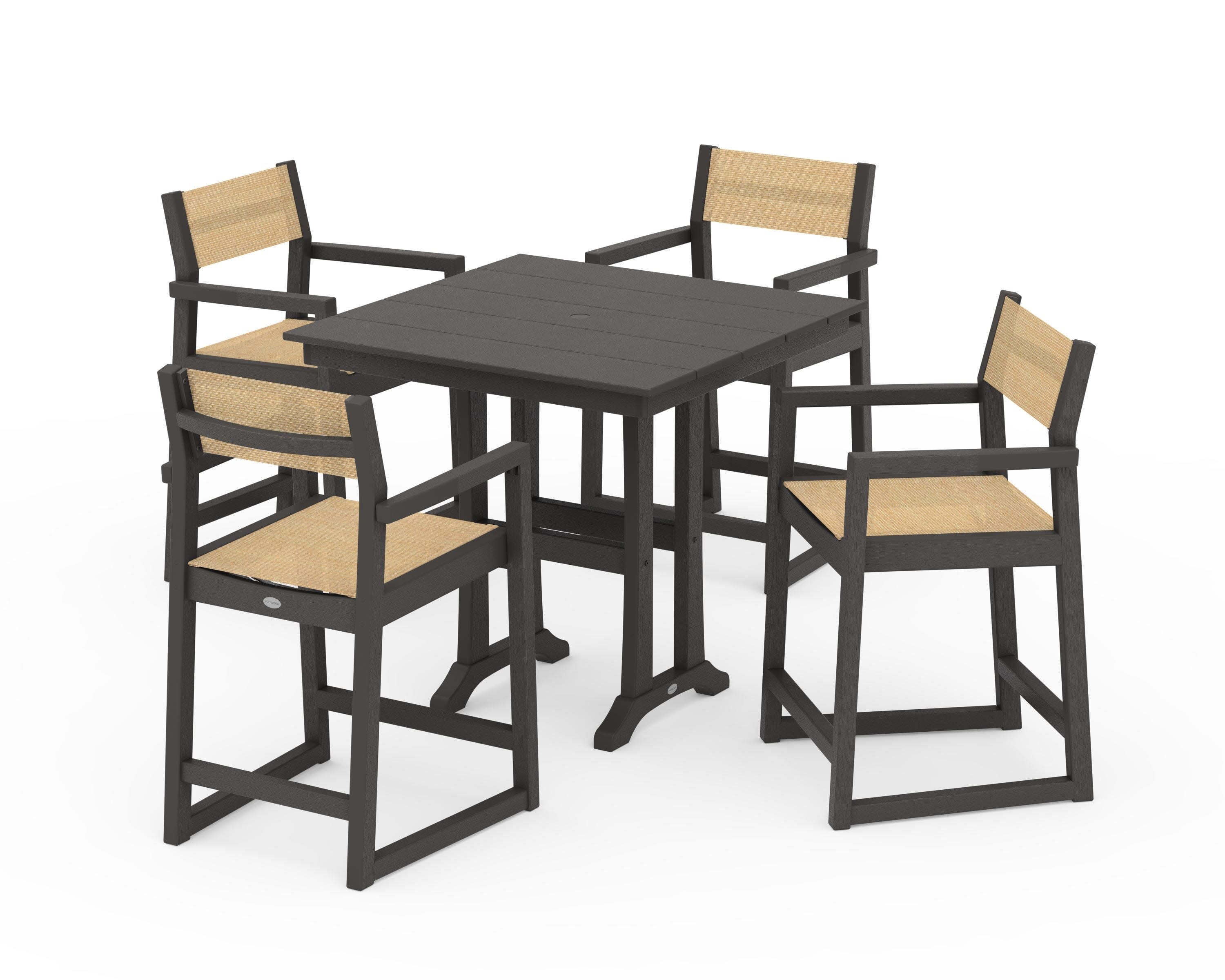 EDGE Sling Arm Chair 5-Piece Farmhouse Counter Set with Trestle Legs in Vintage Coffee / Dupioni Apricot Sling