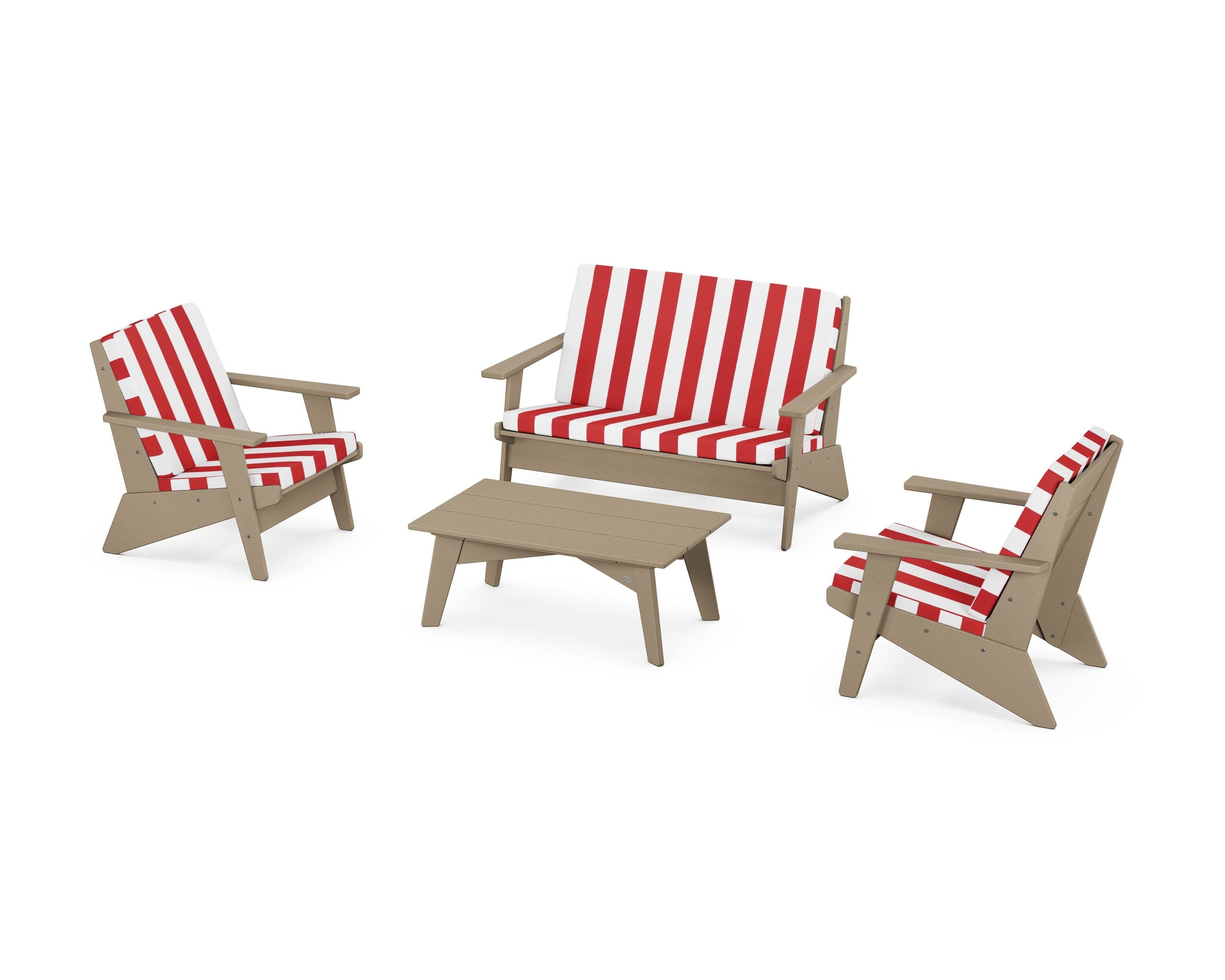 Riviera Modern Lounge 4-Piece Set in Vintage Sahara / Cabana Stripe Crimson