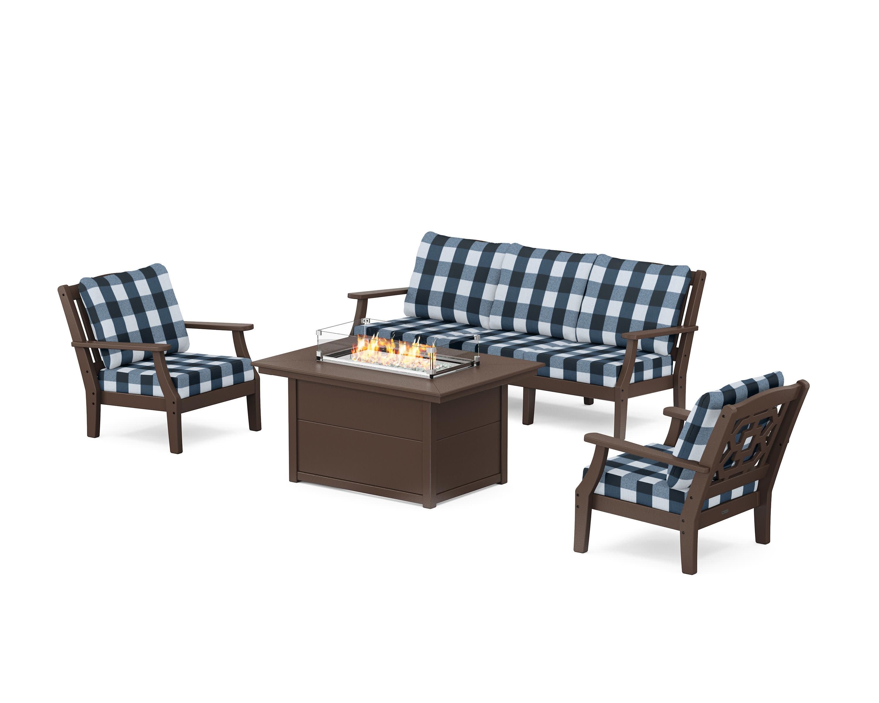 Chinoiserie Deep Seating Fire Pit Table Set in Mahogany / Buffalo Plaid Marine Indigo
