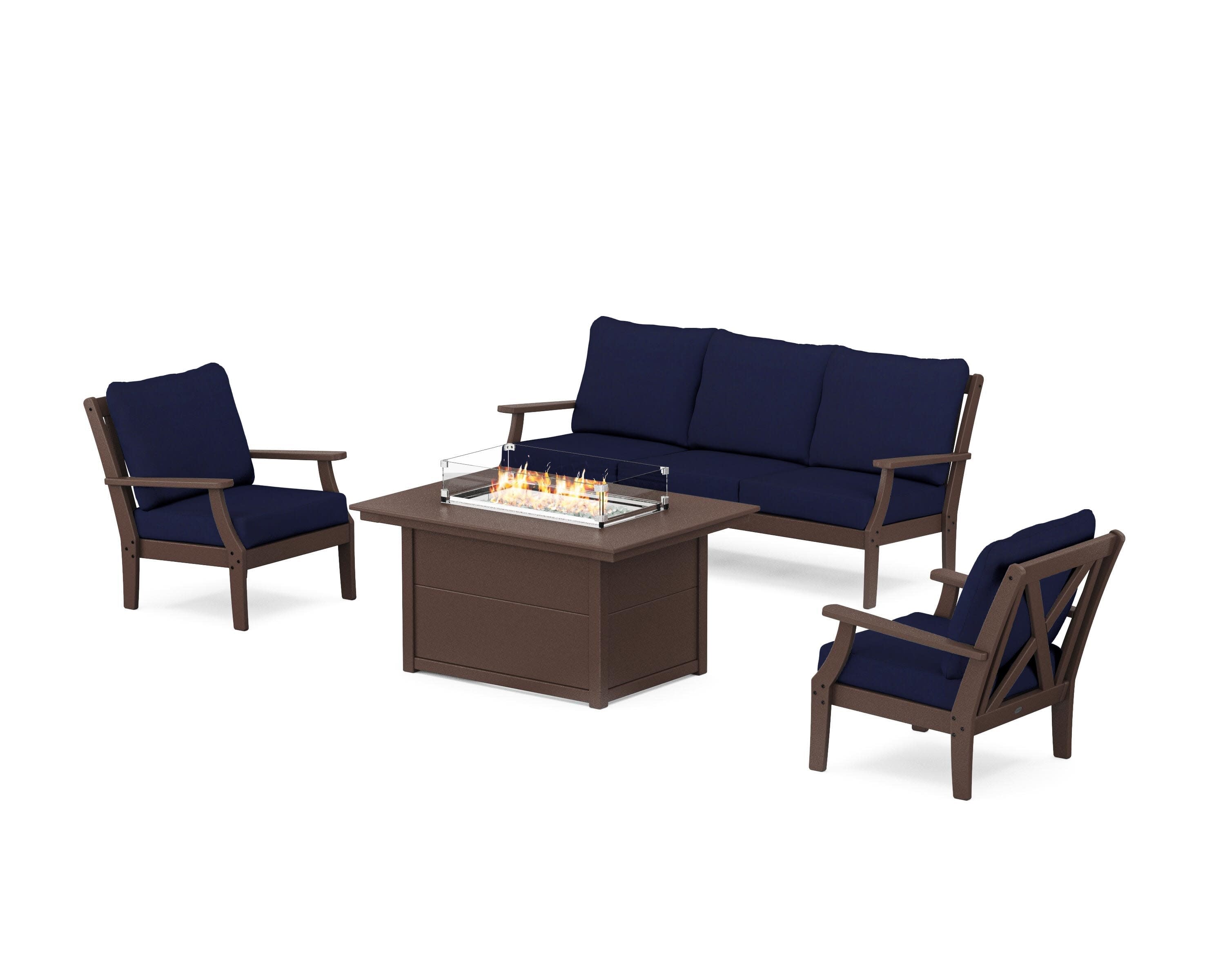 Braxton Deep Seating Fire Pit Table Set in Mahogany / Navy