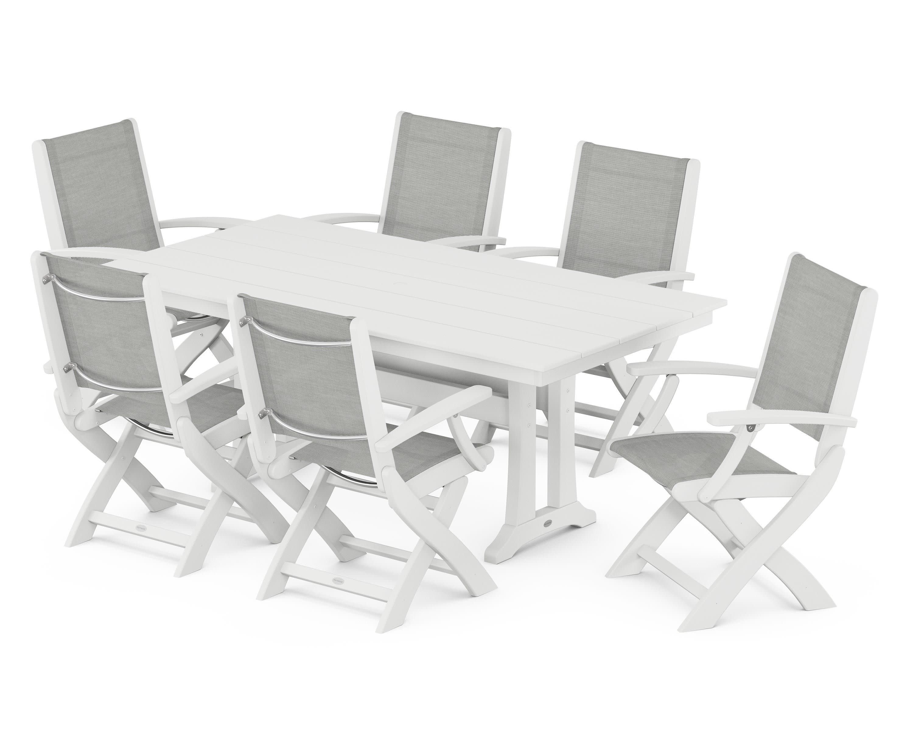 Coastal Folding Arm Chair 7-Piece Farmhouse Dining Set with Trestle Legs in White / Metallic Sling