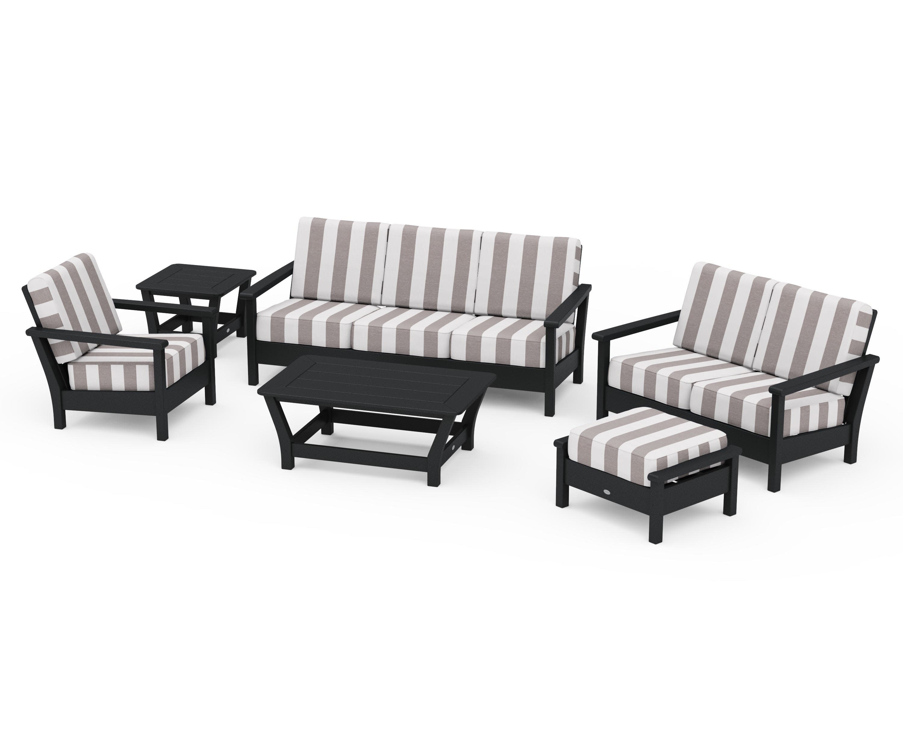 Harbour 6-Piece Outdoor Living Set in Black / Cabana Stripe Grey Mist