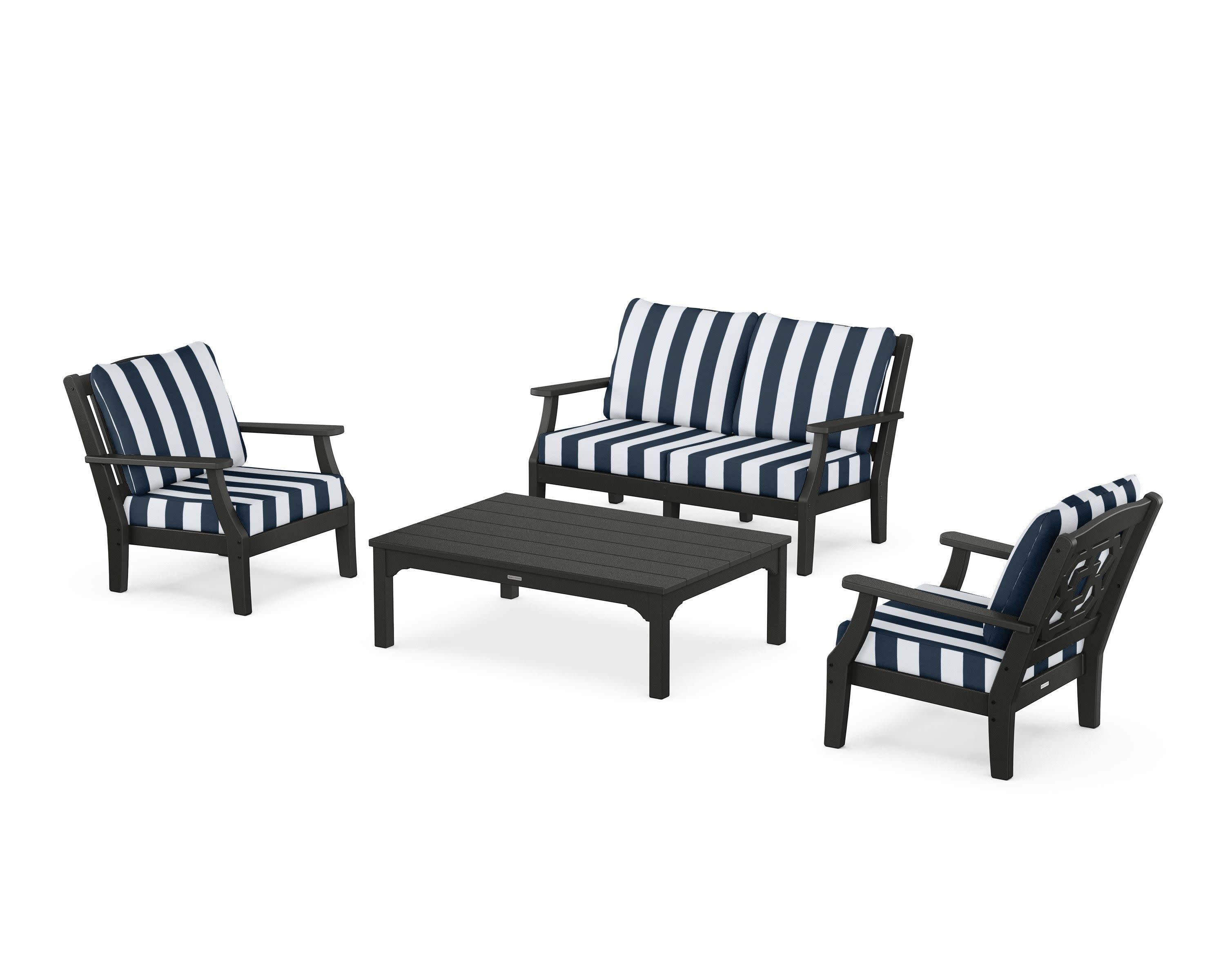 Chinoiserie 4-Piece Deep Seating Set with Loveseat in Black / Cabana Stripe Marine Indigo
