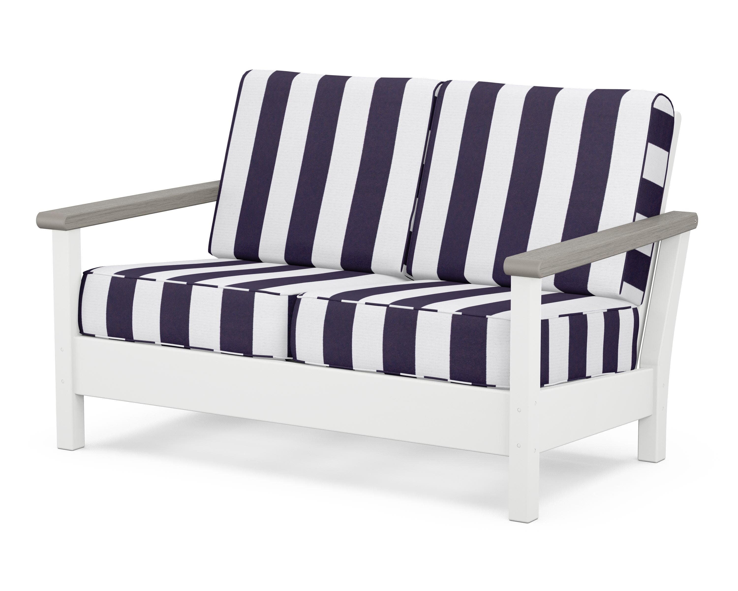 Harbour Deep Seating Loveseat in White / Driftwood / Cabana Stripe Navy