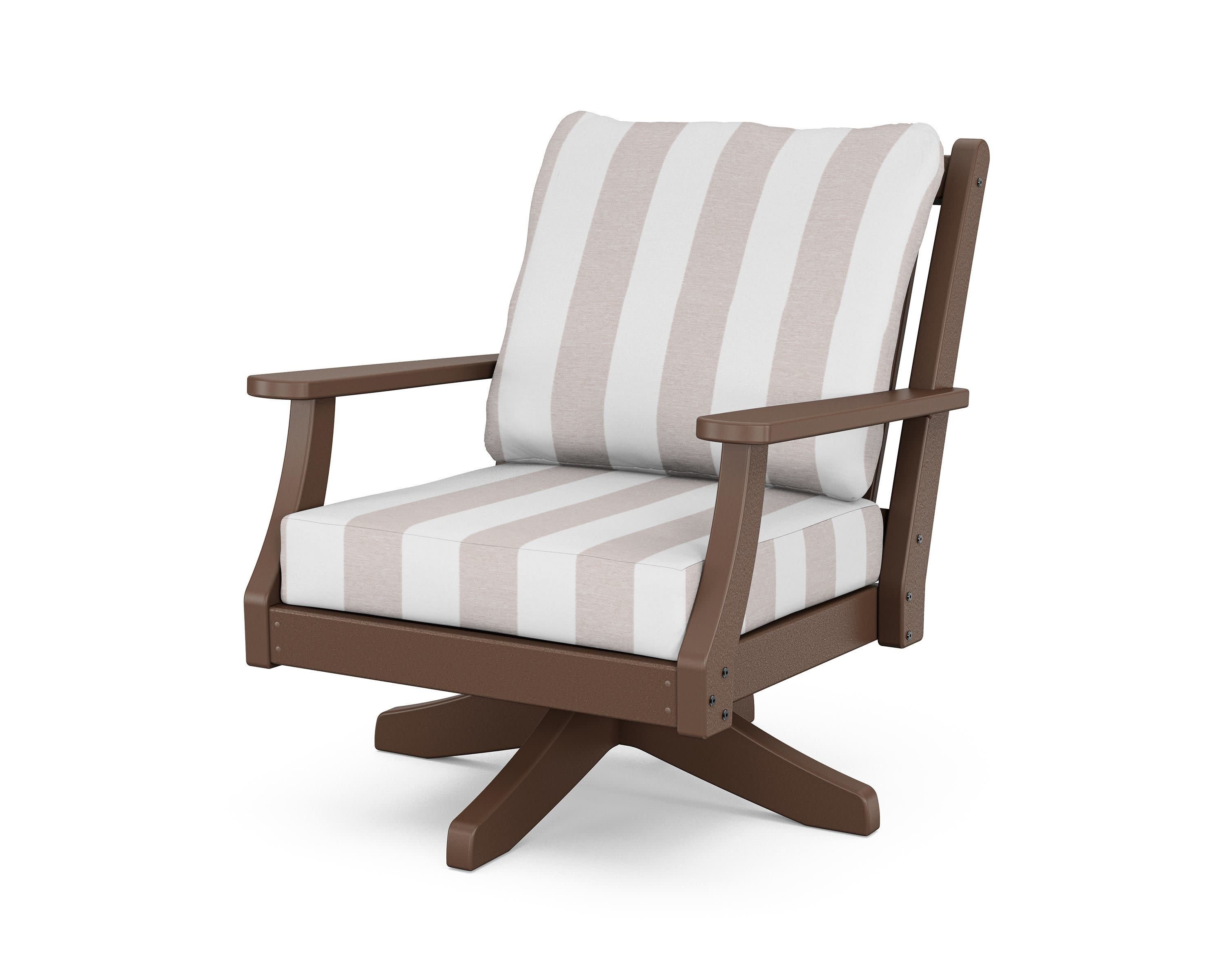 Wovendale Deep Seating Swivel Chair in Mahogany / Cabana Stripe Dune Burlap