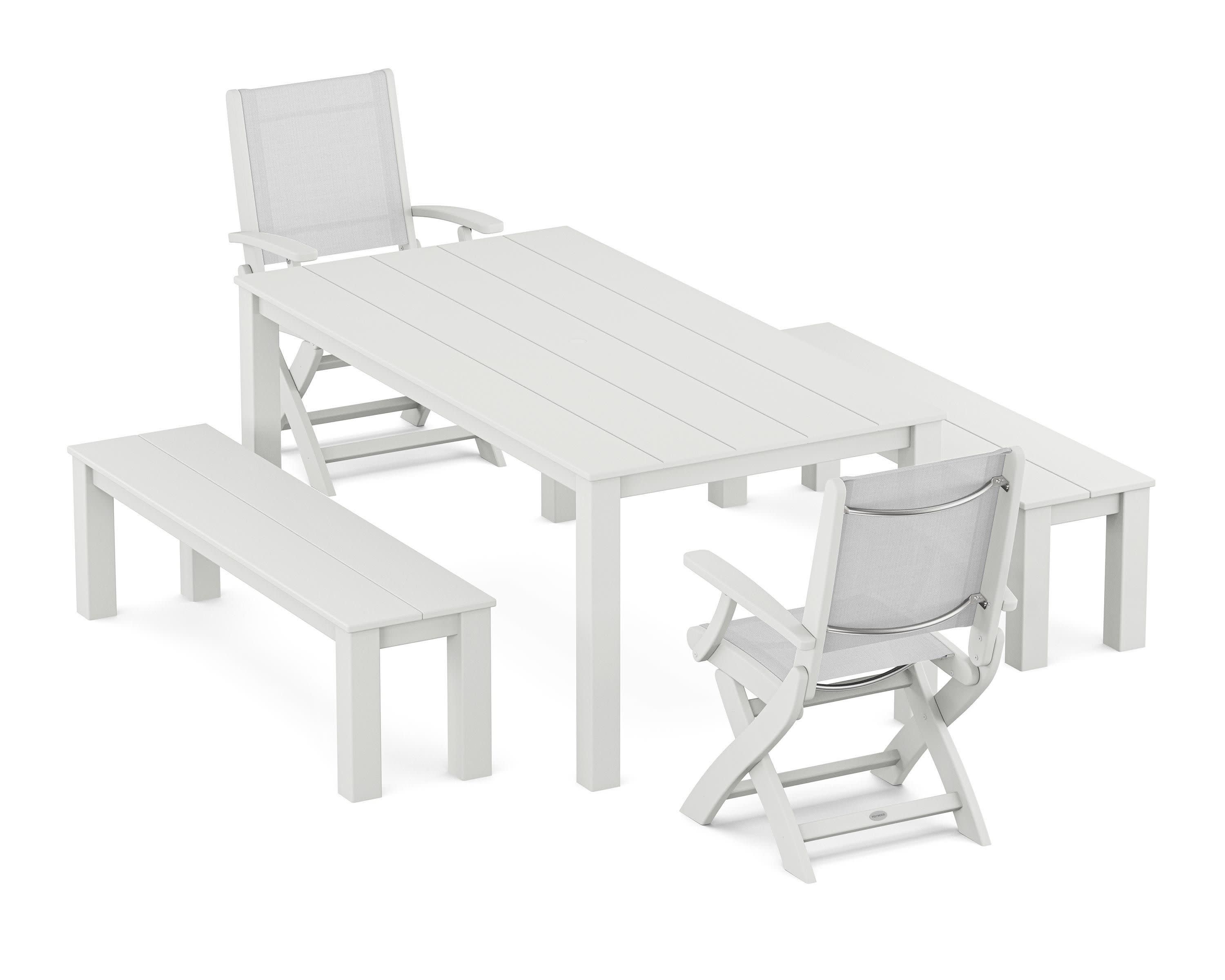 Coastal Folding Chair 5-Piece Parsons Dining Set with Benches in White / White Sling