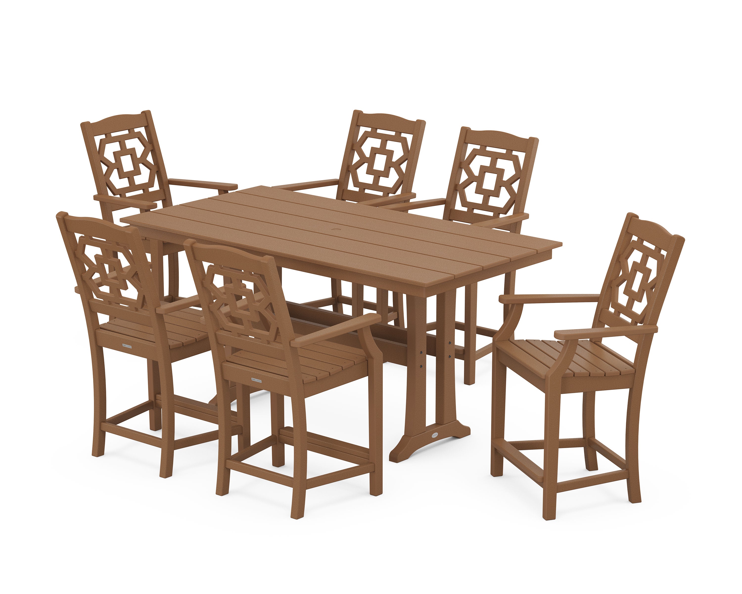 Chinoiserie Arm Chair 7-Piece Farmhouse Counter Set with Trestle Legs in Teak