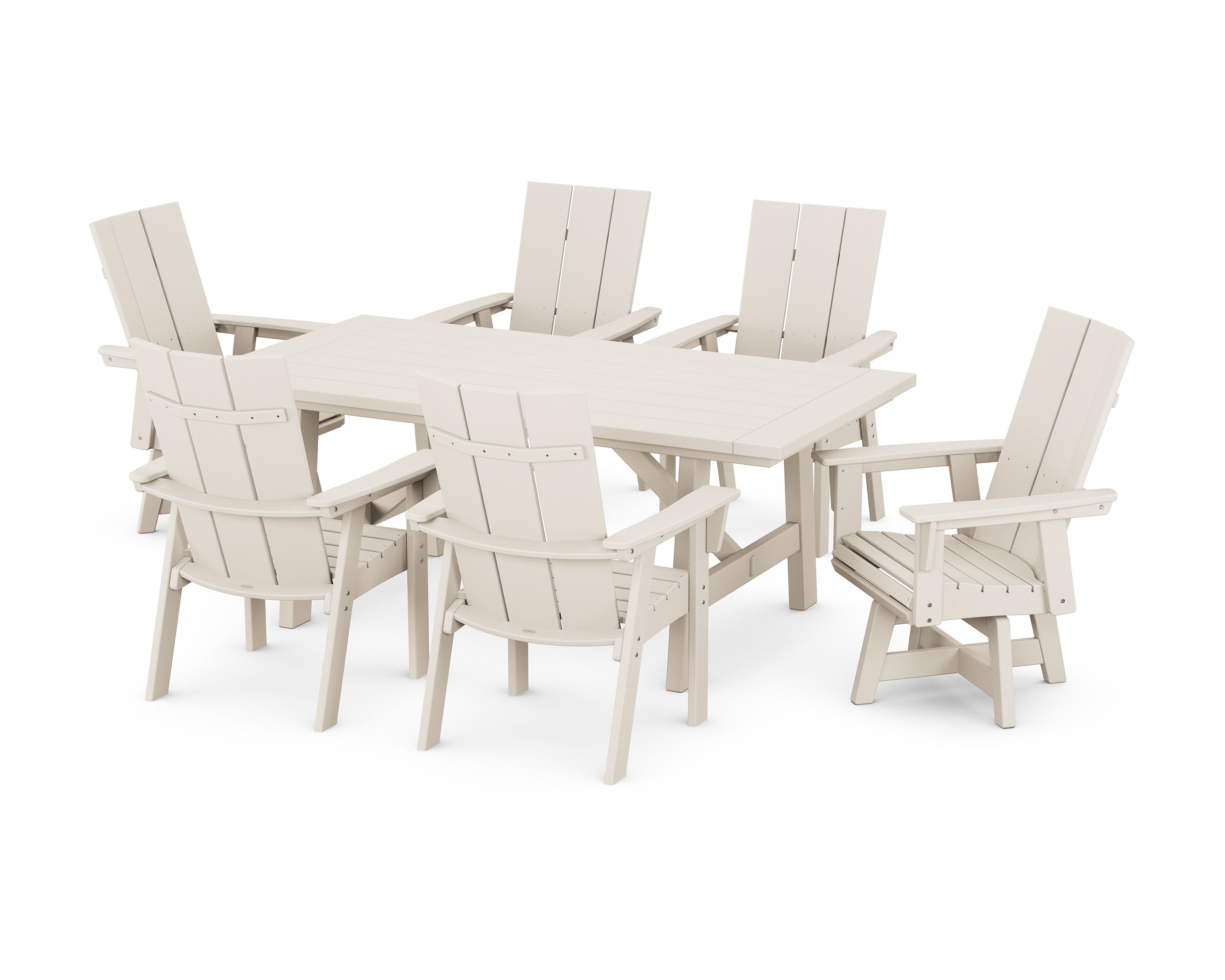 Modern Curveback Adirondack 7-Piece Rustic Farmhouse Swivel Dining Set in Sand