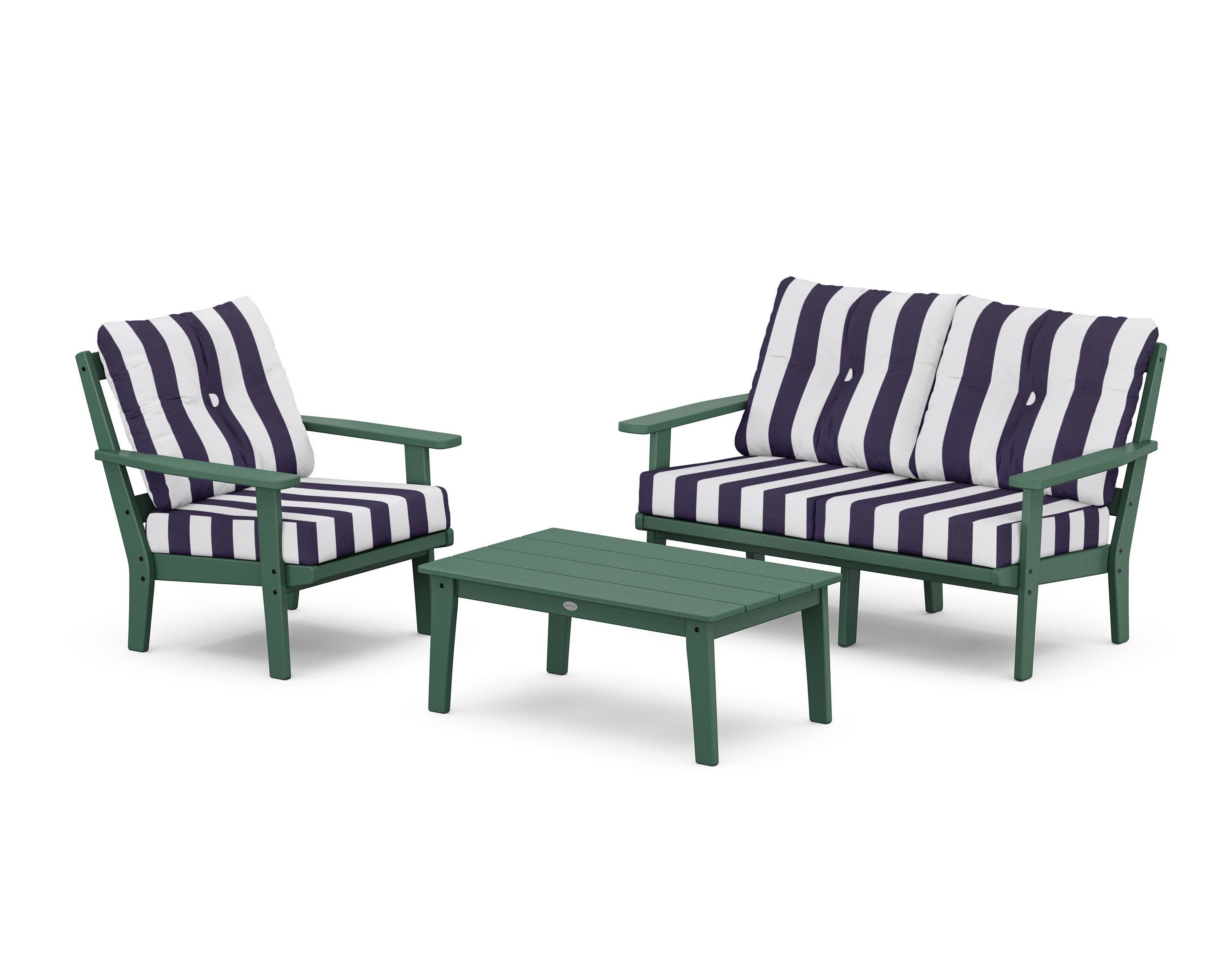 Oxford 3-Piece Deep Seating Set with Loveseat in Green / Cabana Stripe Navy