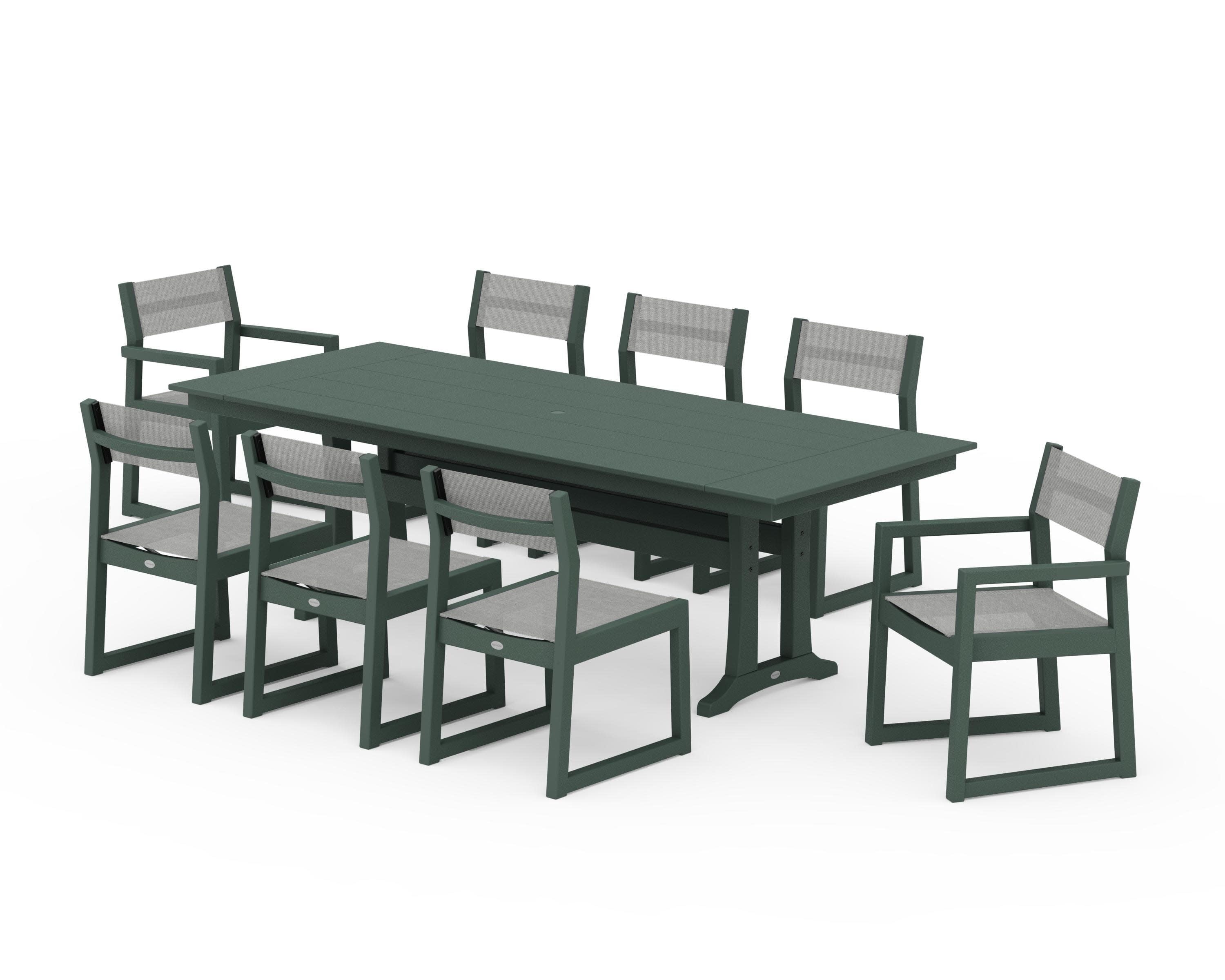 EDGE Sling 9-Piece Farmhouse Trestle Dining Set in Green / Metallic Sling