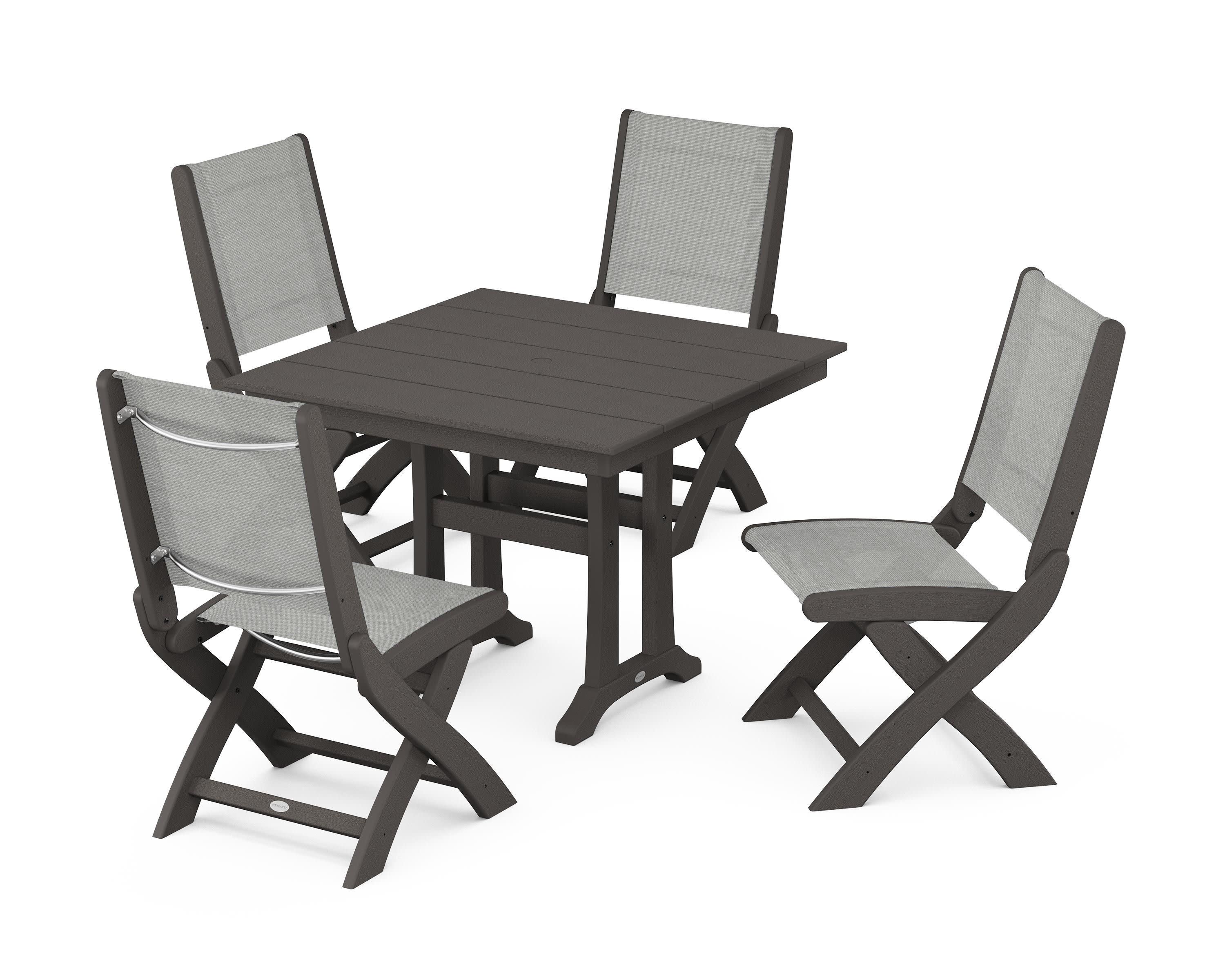 Coastal Folding Side Chair 5-Piece Farmhouse Dining Set With Trestle Legs in Vintage Coffee / Metallic Sling