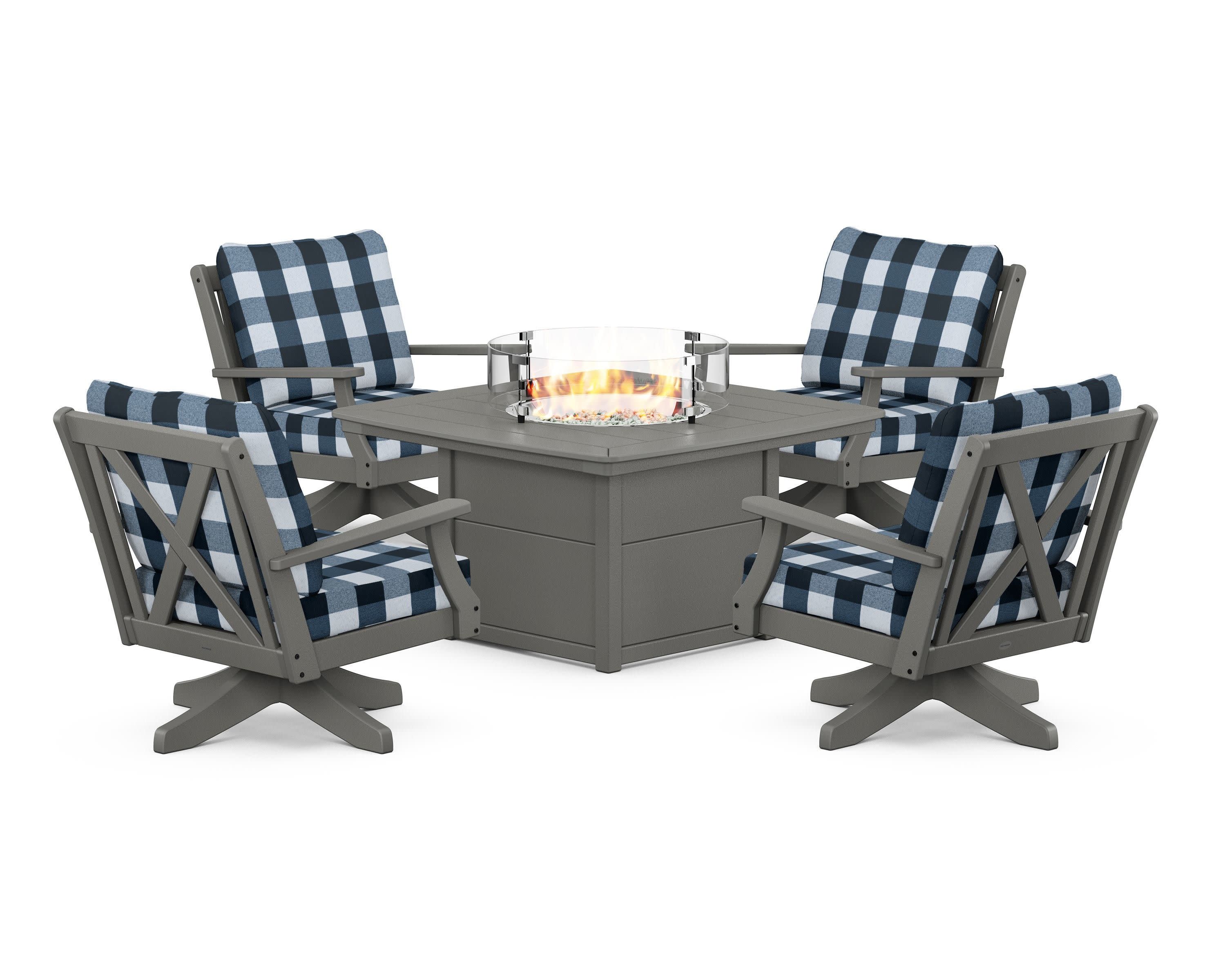 Braxton 5-Piece Deep Seating Swivel Conversation Set with Fire Pit Table in Slate Grey / Buffalo Plaid Marine Indigo