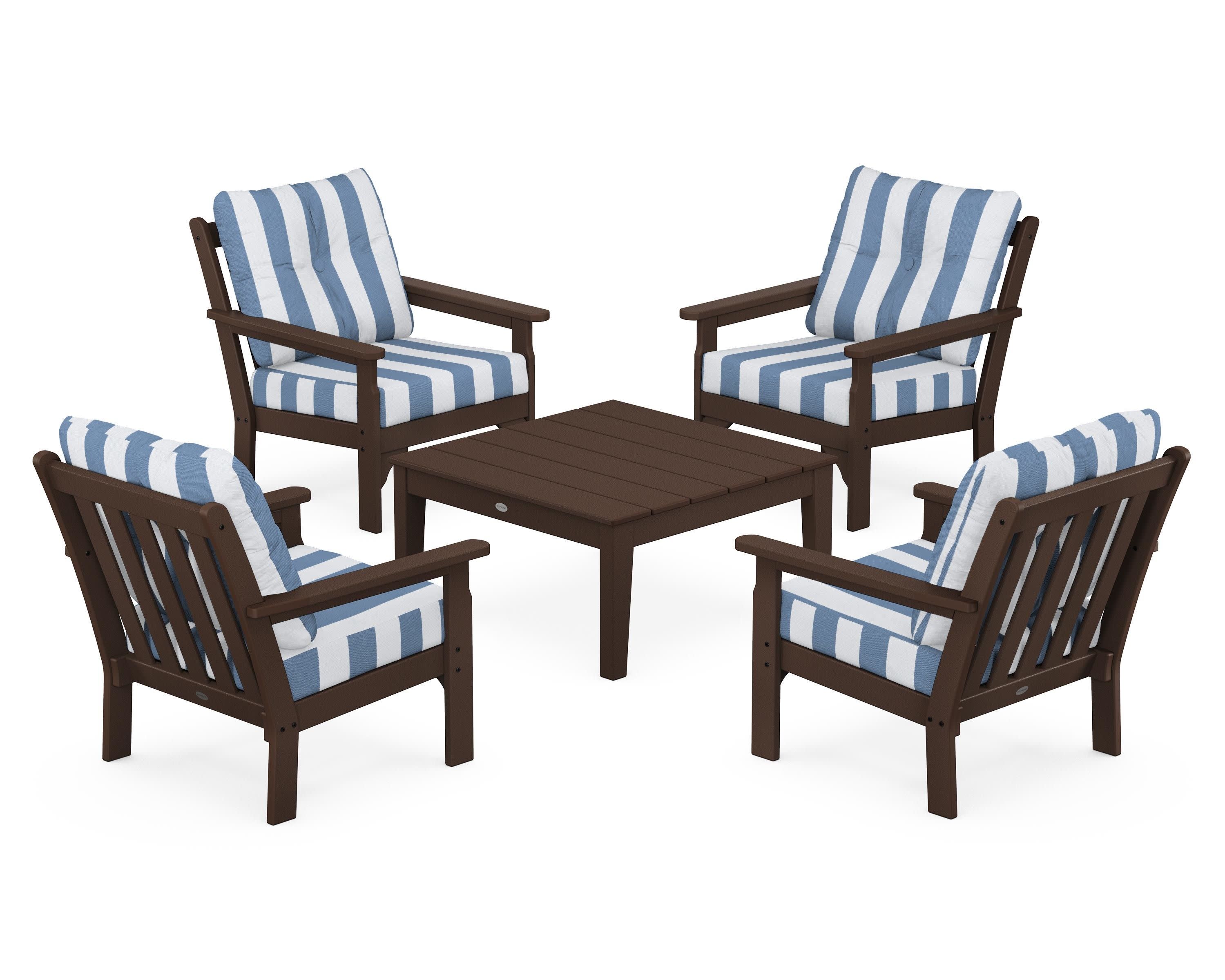 Vineyard 5-Piece Deep Seating Conversation Set in Mahogany / Cabana Stripe Sky Blue