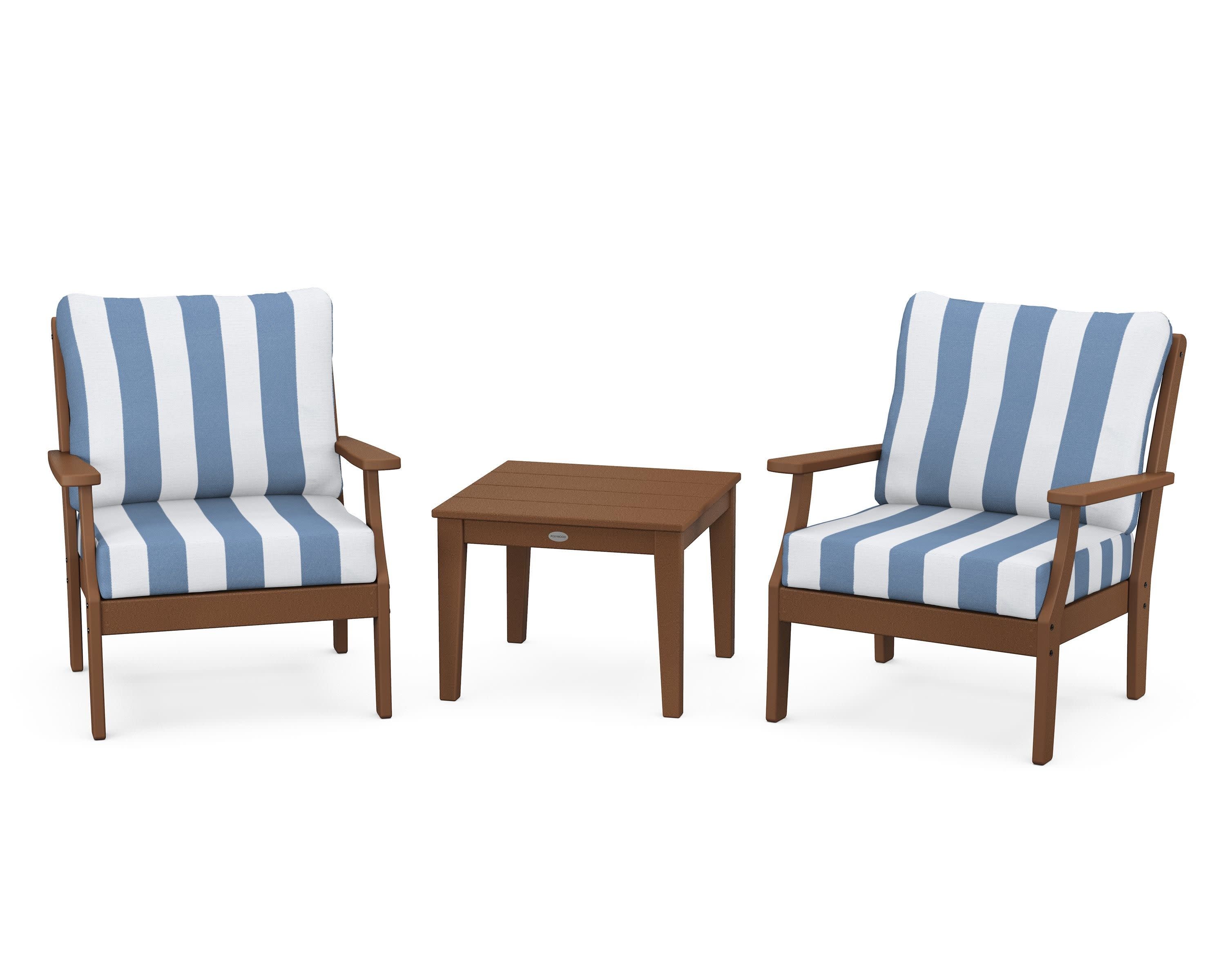 Braxton 3-Piece Deep Seating Set in Teak / Cabana Stripe Sky Blue