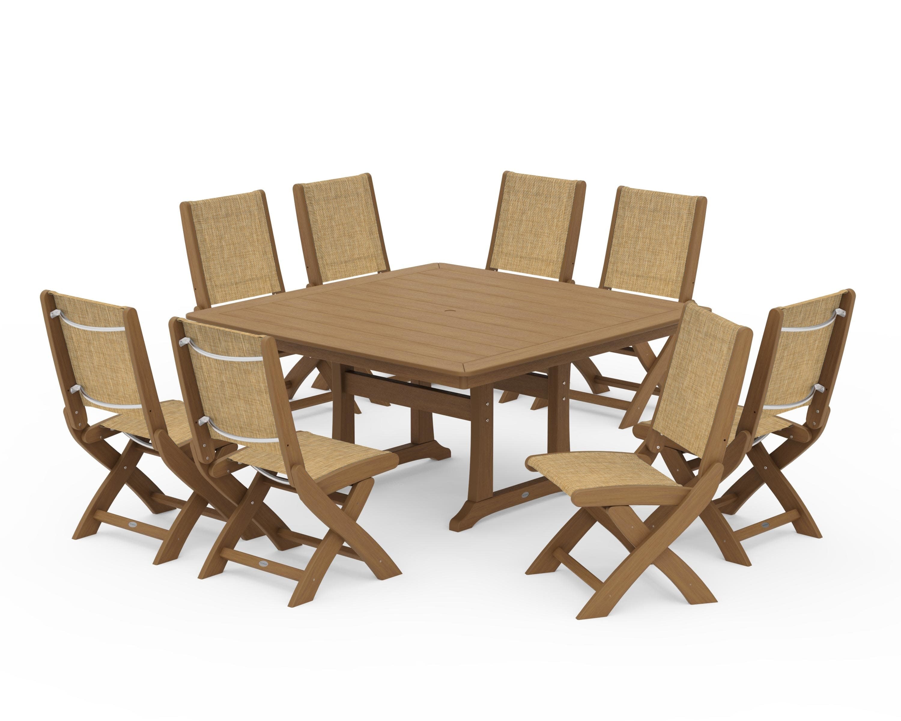 Coastal Folding Side Chair 9-Piece Dining Set with Trestle Legs in Natural / Burlap Sling