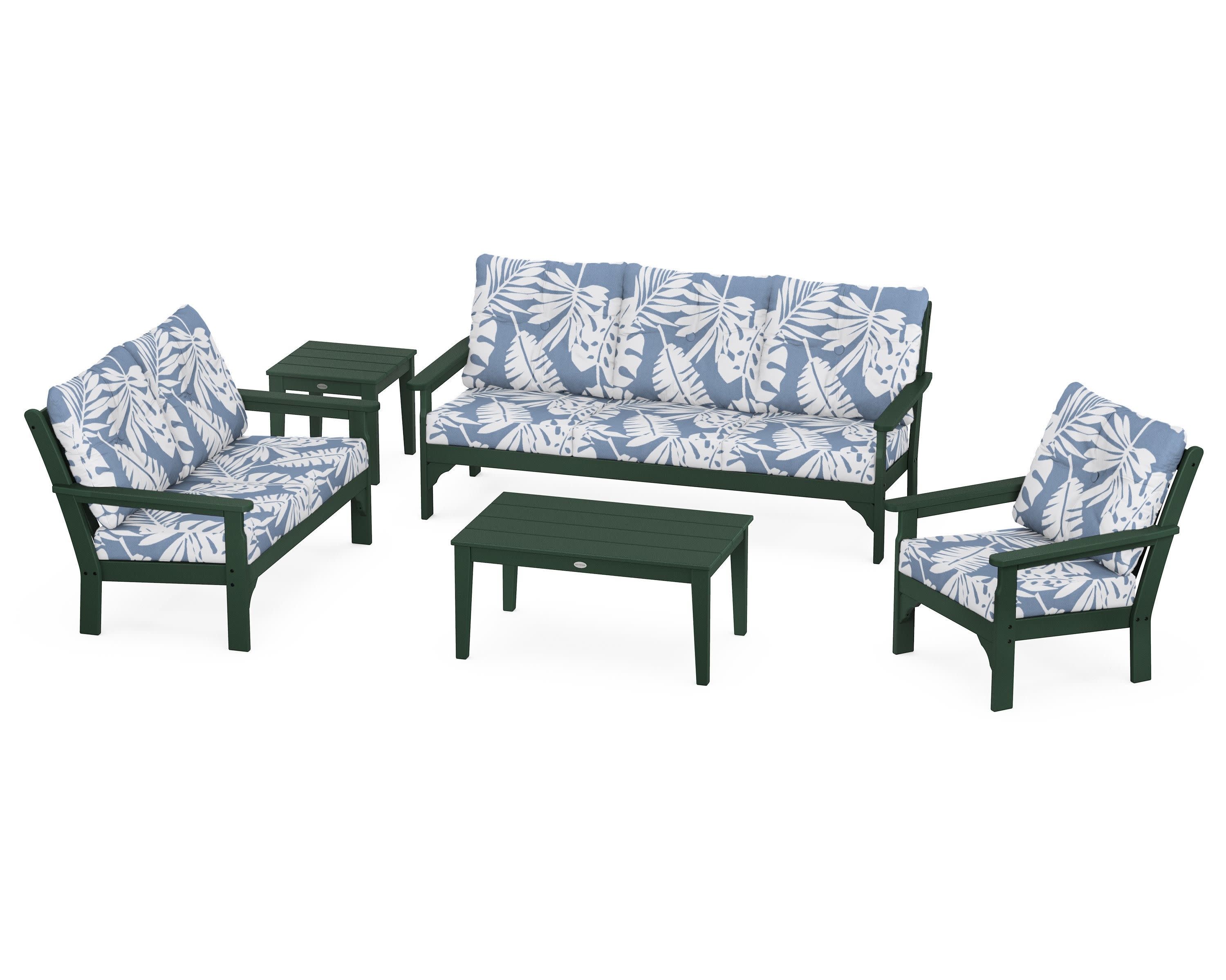 Vineyard 5 Piece Deep Seating Set in Green / Leaf Sky Blue