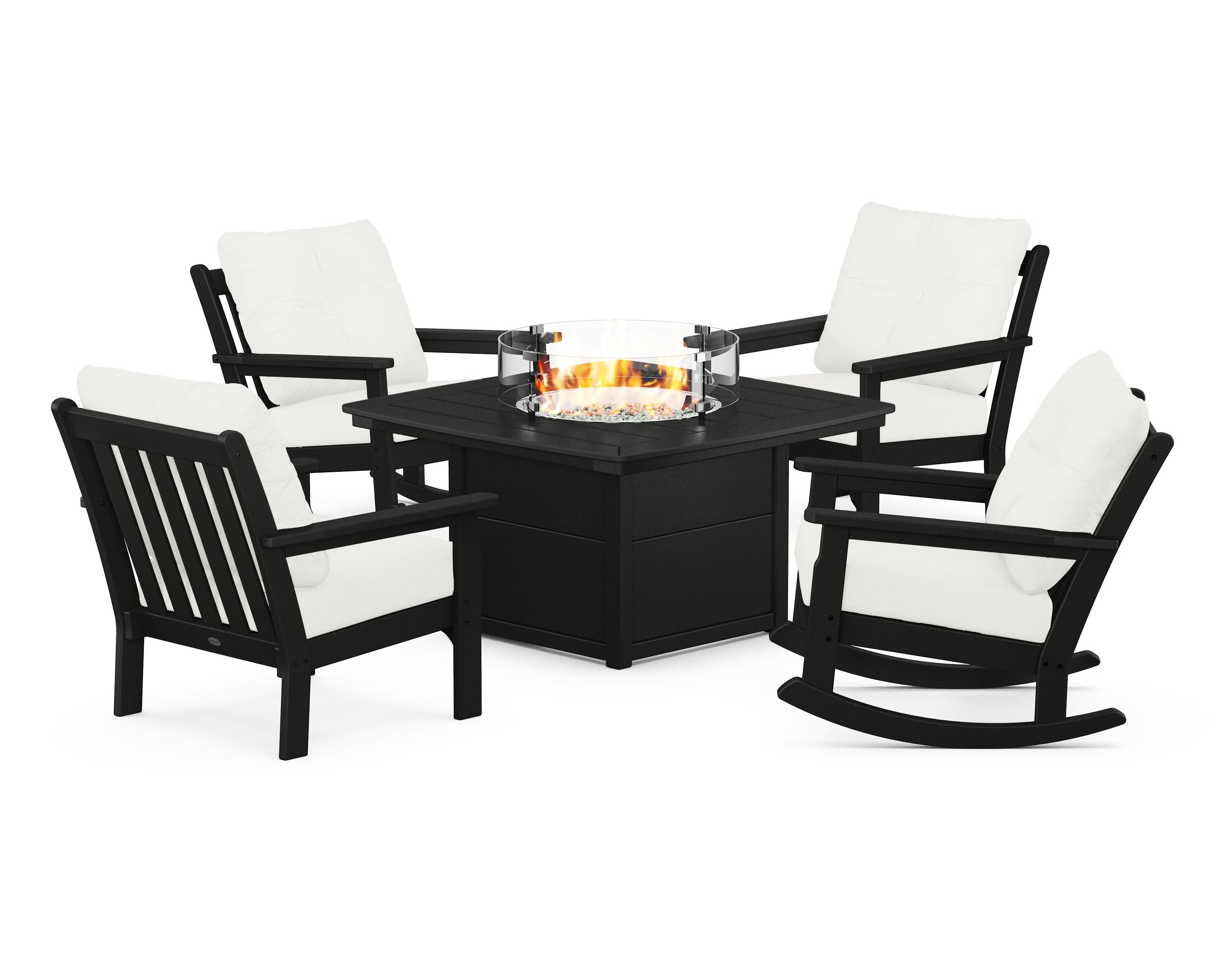 Vineyard 5-Piece Deep Seating Rocking Chair Conversation Set with Fire Pit Table in Black / Natural Linen