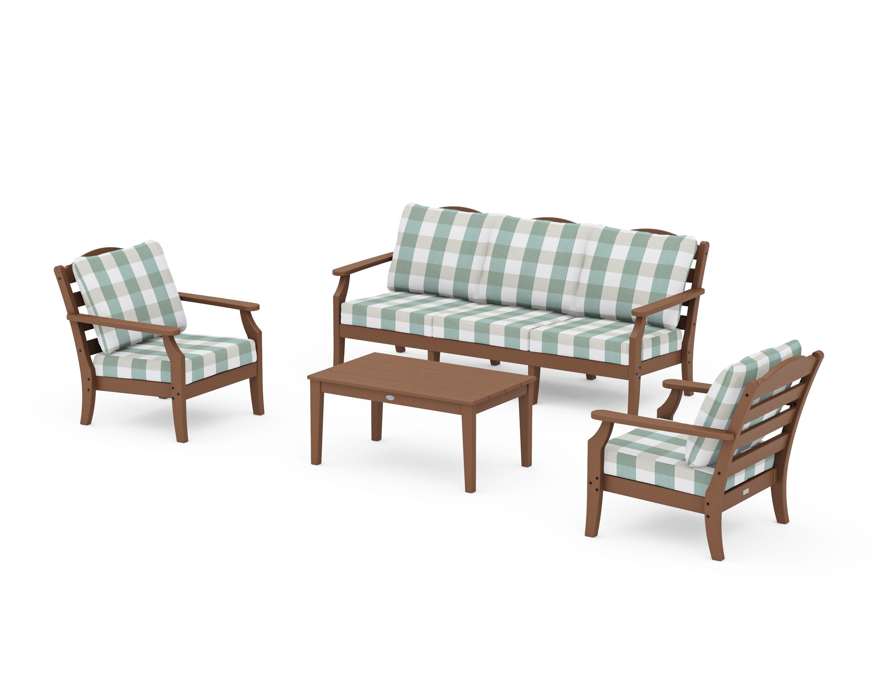 Savannah 4-Piece Deep Seating Set with Sofa in Teak / Buffalo Plaid Glacier Spa