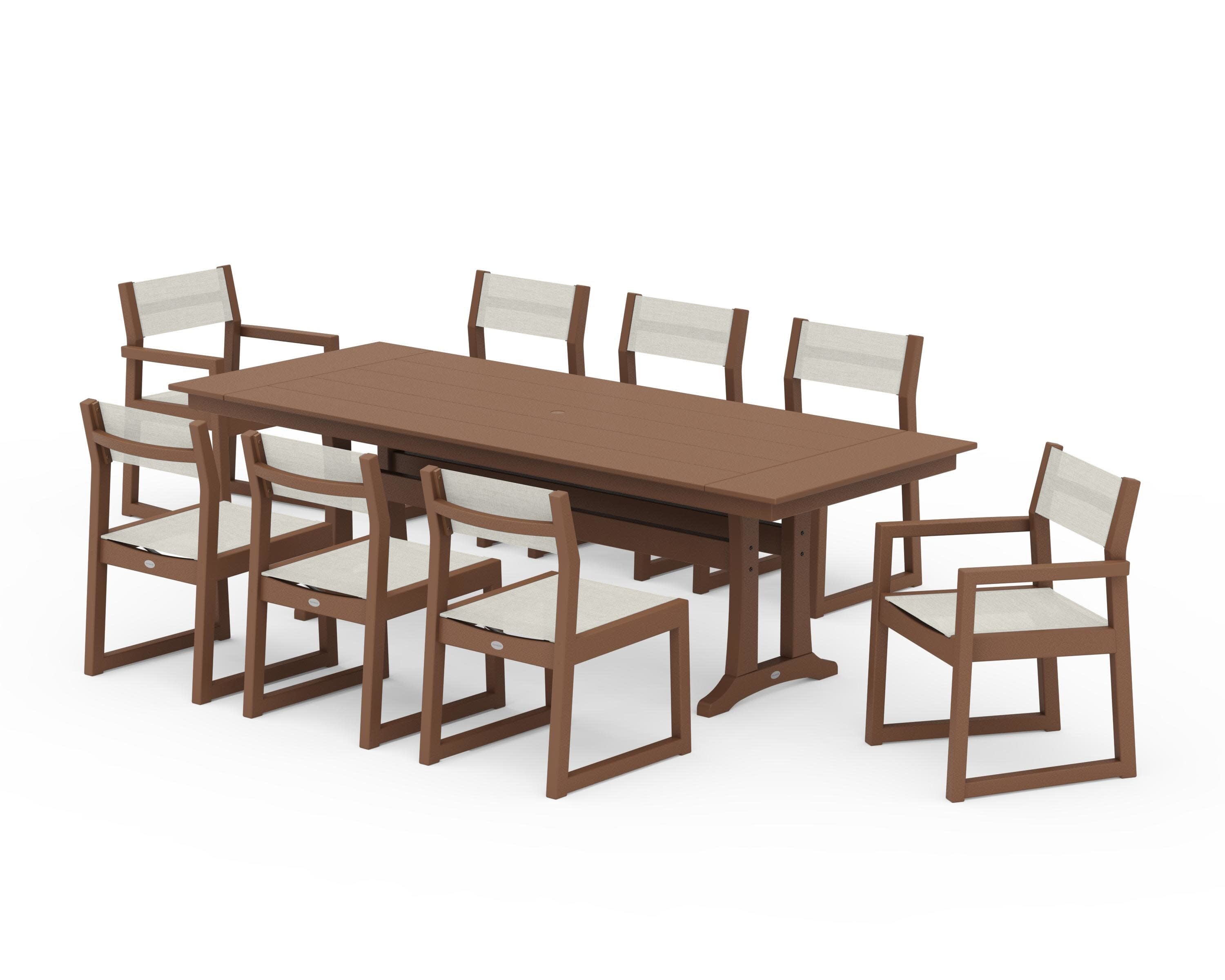 EDGE Sling 9-Piece Farmhouse Trestle Dining Set in Teak / Parchment Sling