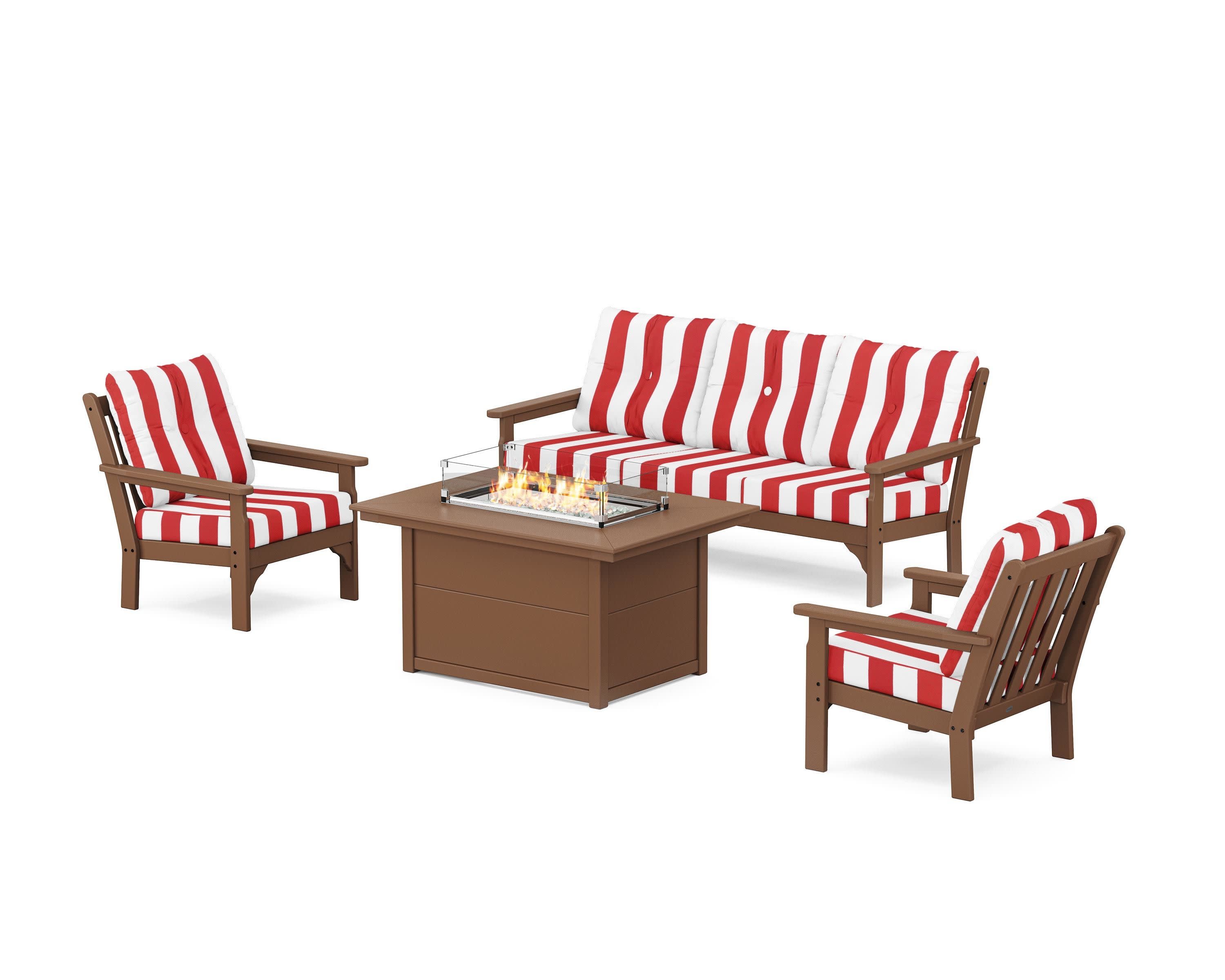 Vineyard Deep Seating Fire Pit Table Set in Teak / Cabana Stripe Crimson