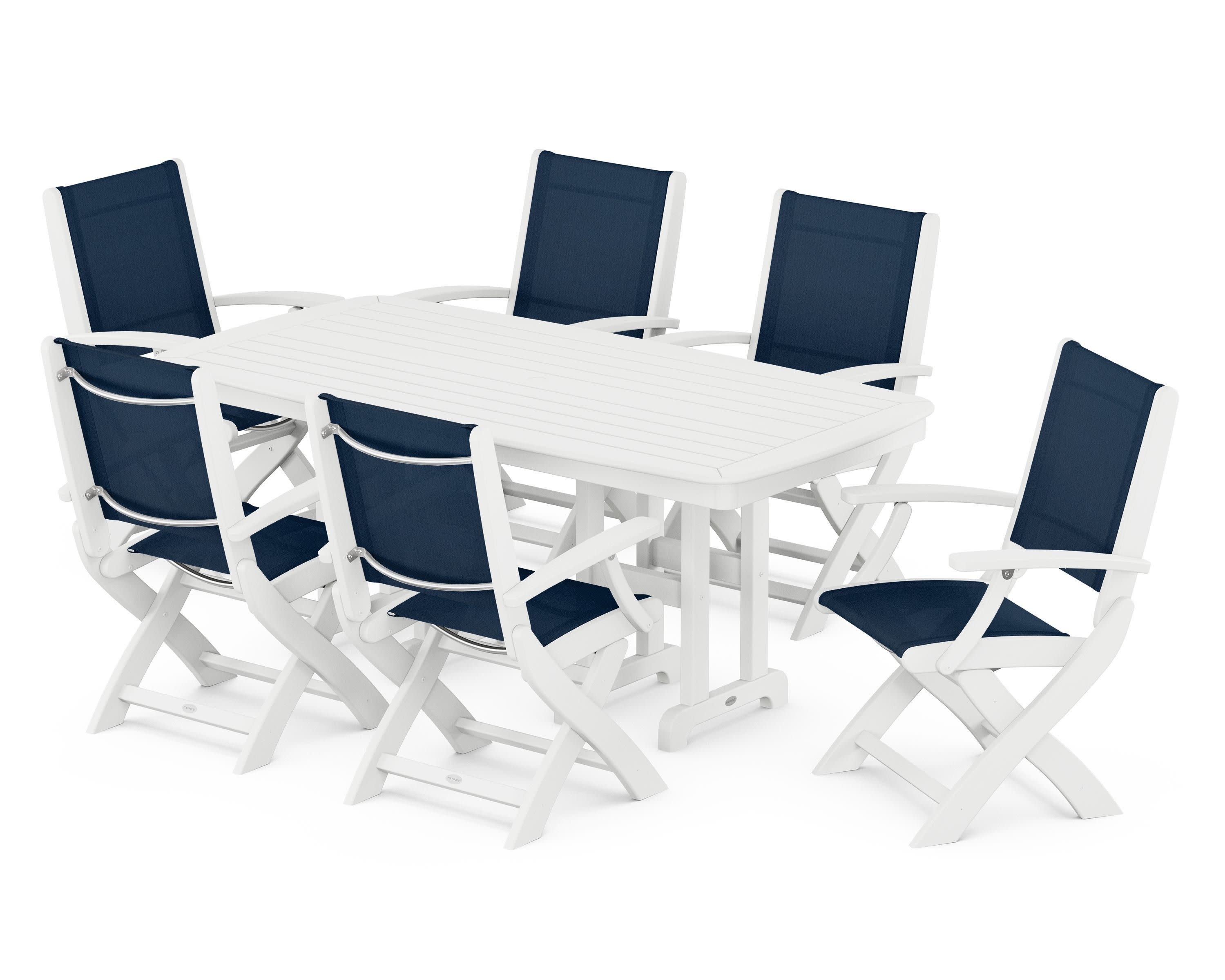 Coastal Folding Arm Chair 7-Piece Dining Set in White / Navy Blue Sling