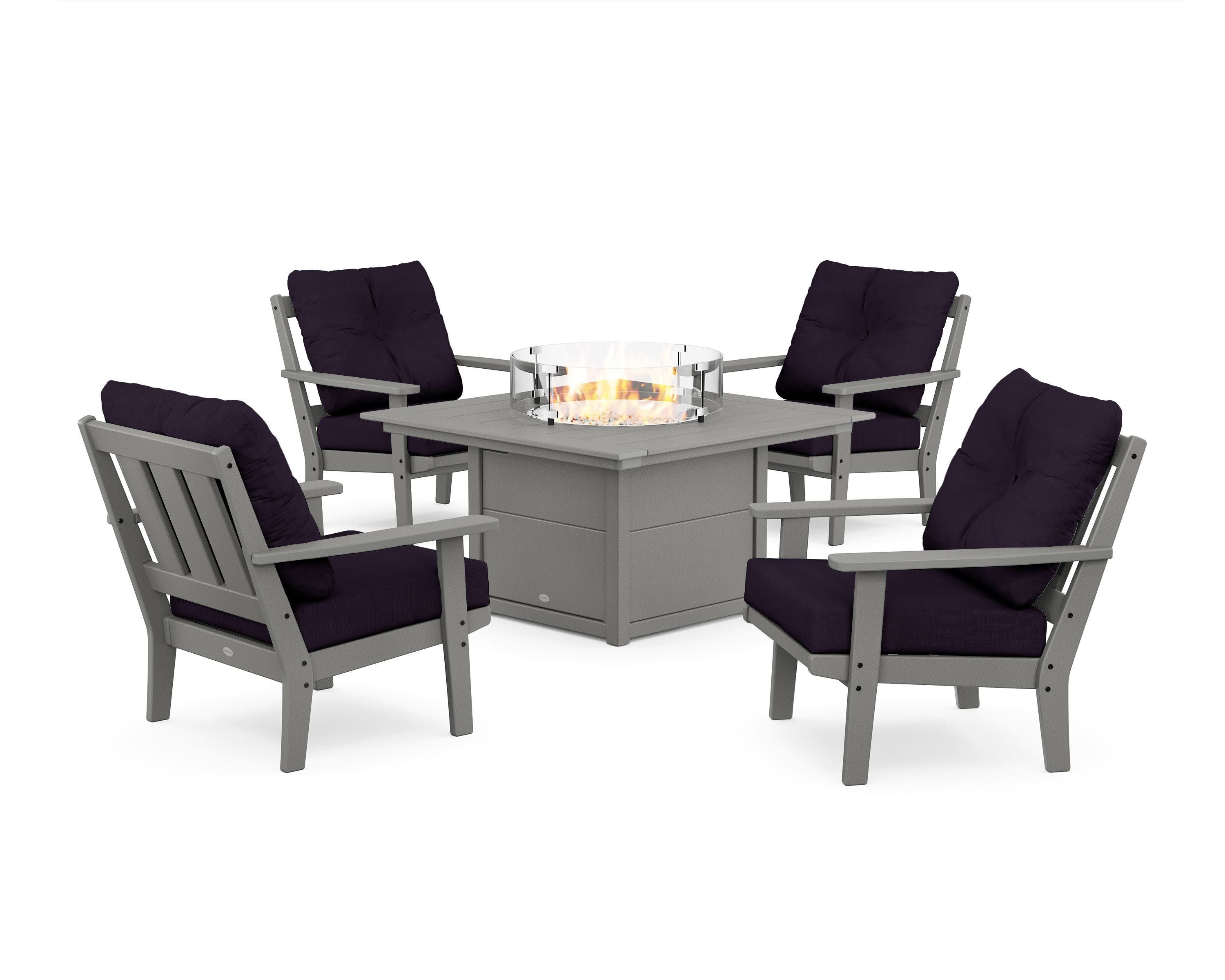 Oxford 5-Piece Deep Seating Set with Fire Pit Table in Slate Grey / Navy Linen