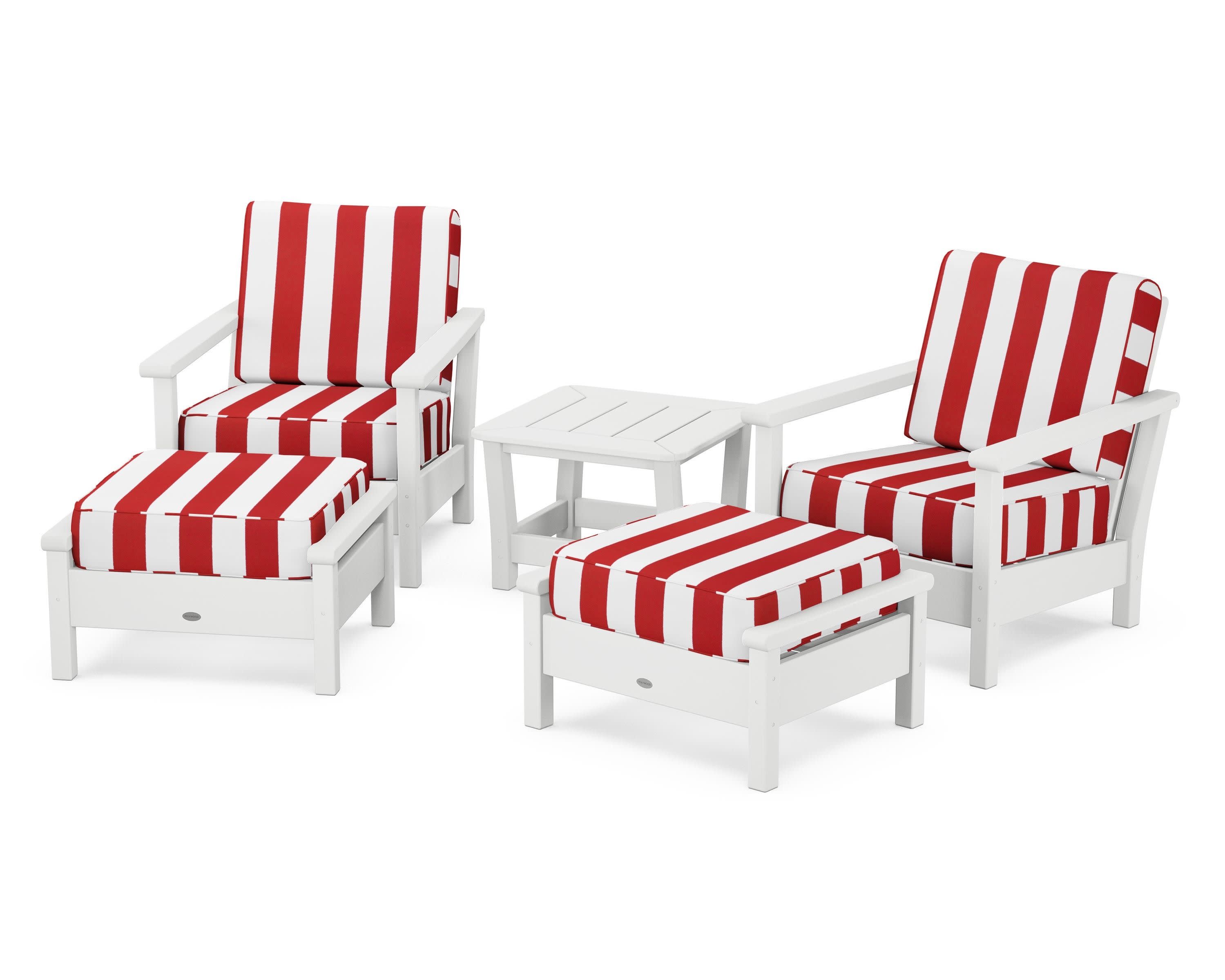 Harbour 5-Piece Deep Seating Chair Set in White / Cabana Stripe Crimson