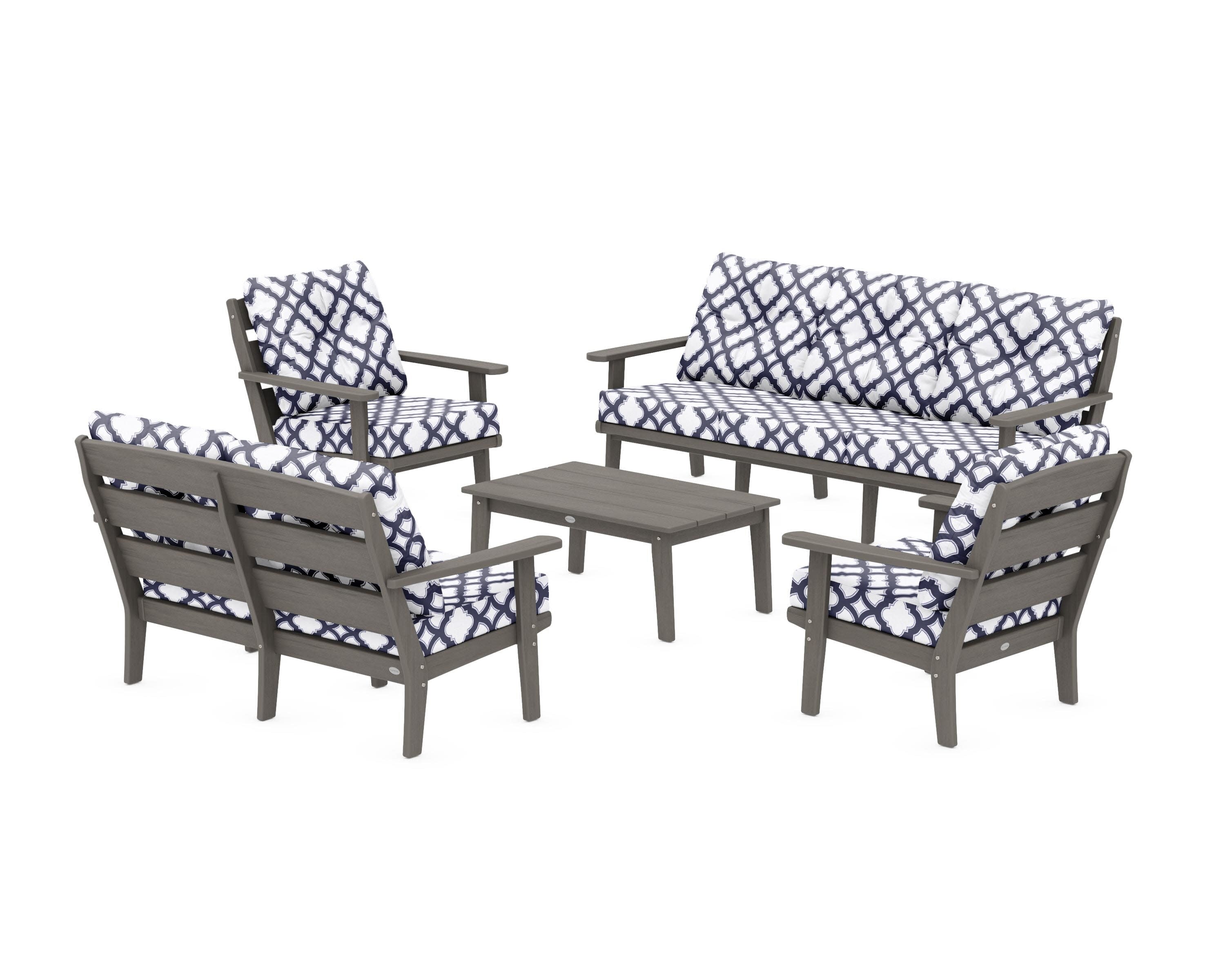 Lakeside 5-Piece Lounge Sofa Set in Driftwood / Trellis Navy