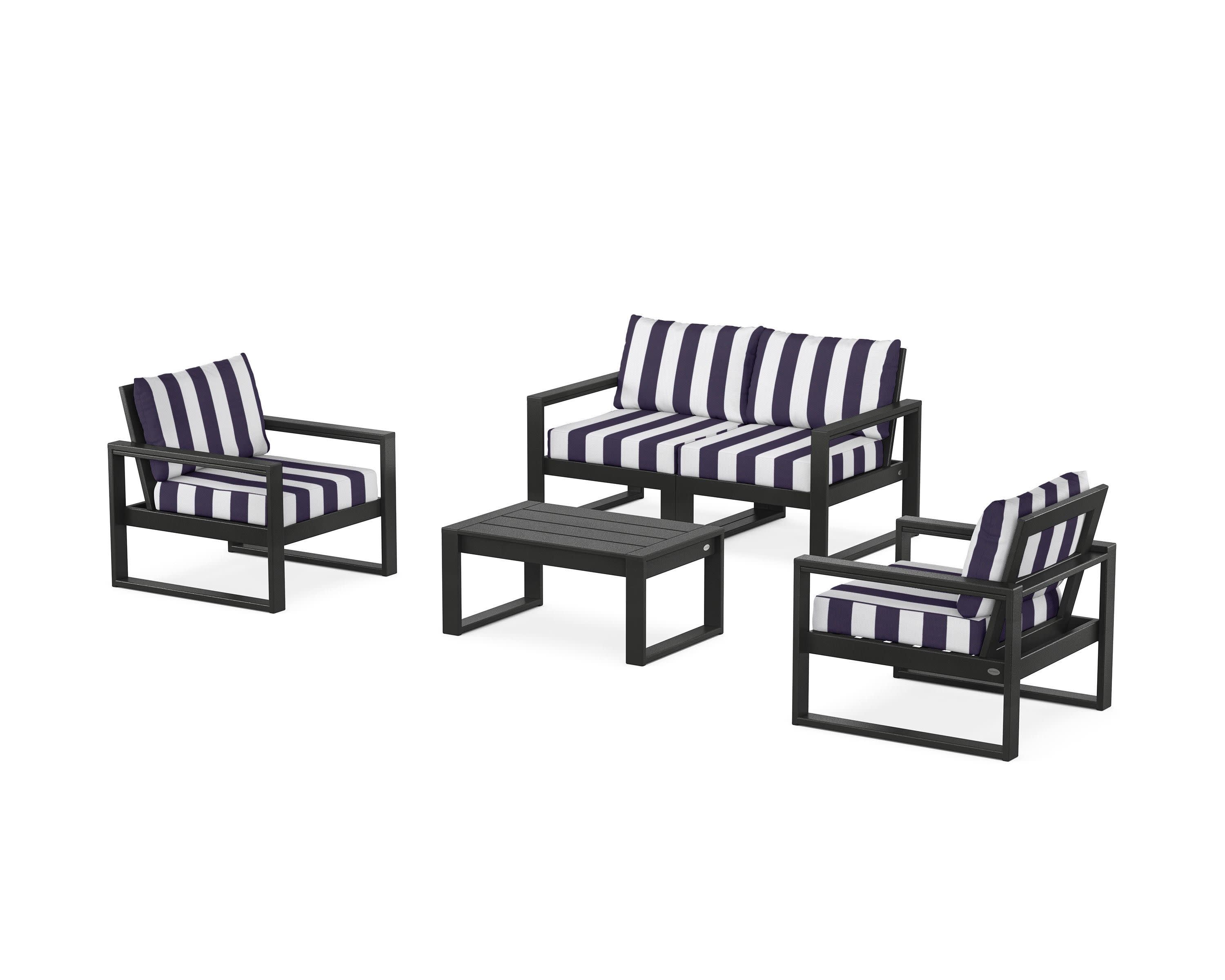 EDGE Sectional 4-Piece Deep Seating Set with Loveseat in Black / Cabana Stripe Navy