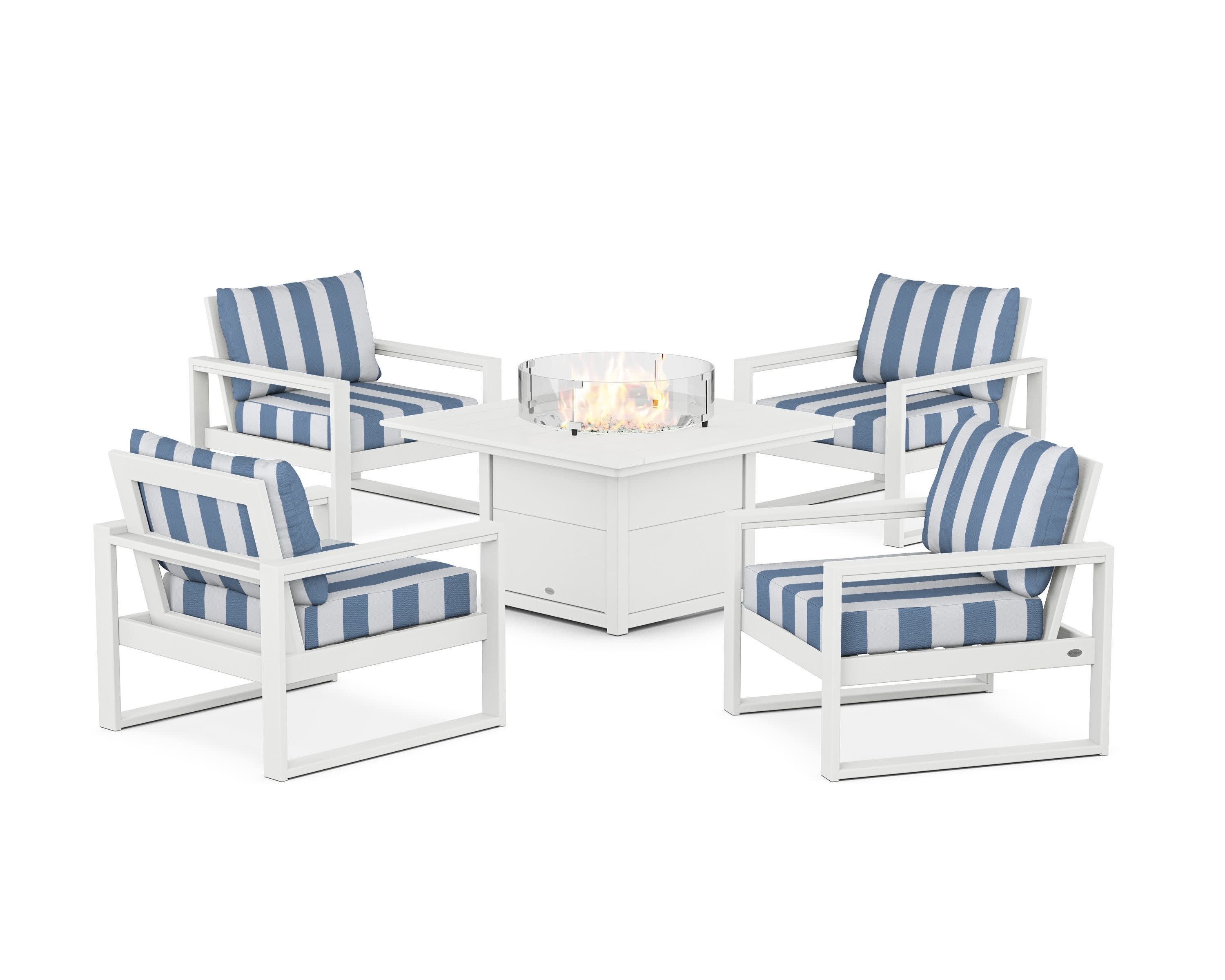 EDGE Sectional 5-Piece Deep Seating Set with Fire Pit Table in White / Cabana Stripe Sky Blue