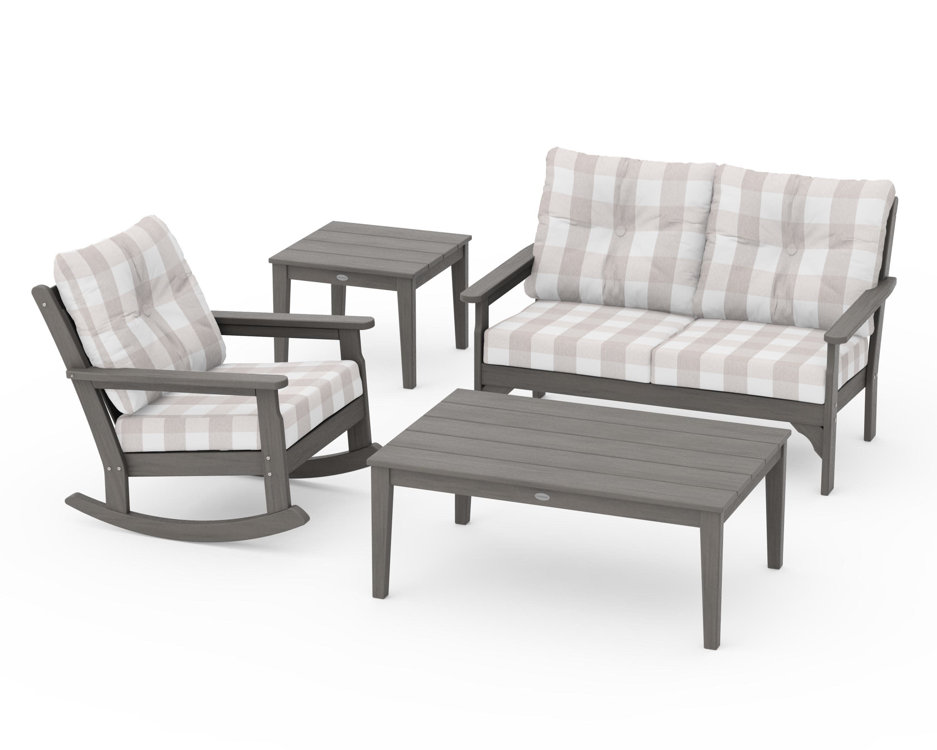 Vineyard 4-Piece Deep Seating Rocker Set in Driftwood / Buffalo Plaid Dune Burlap