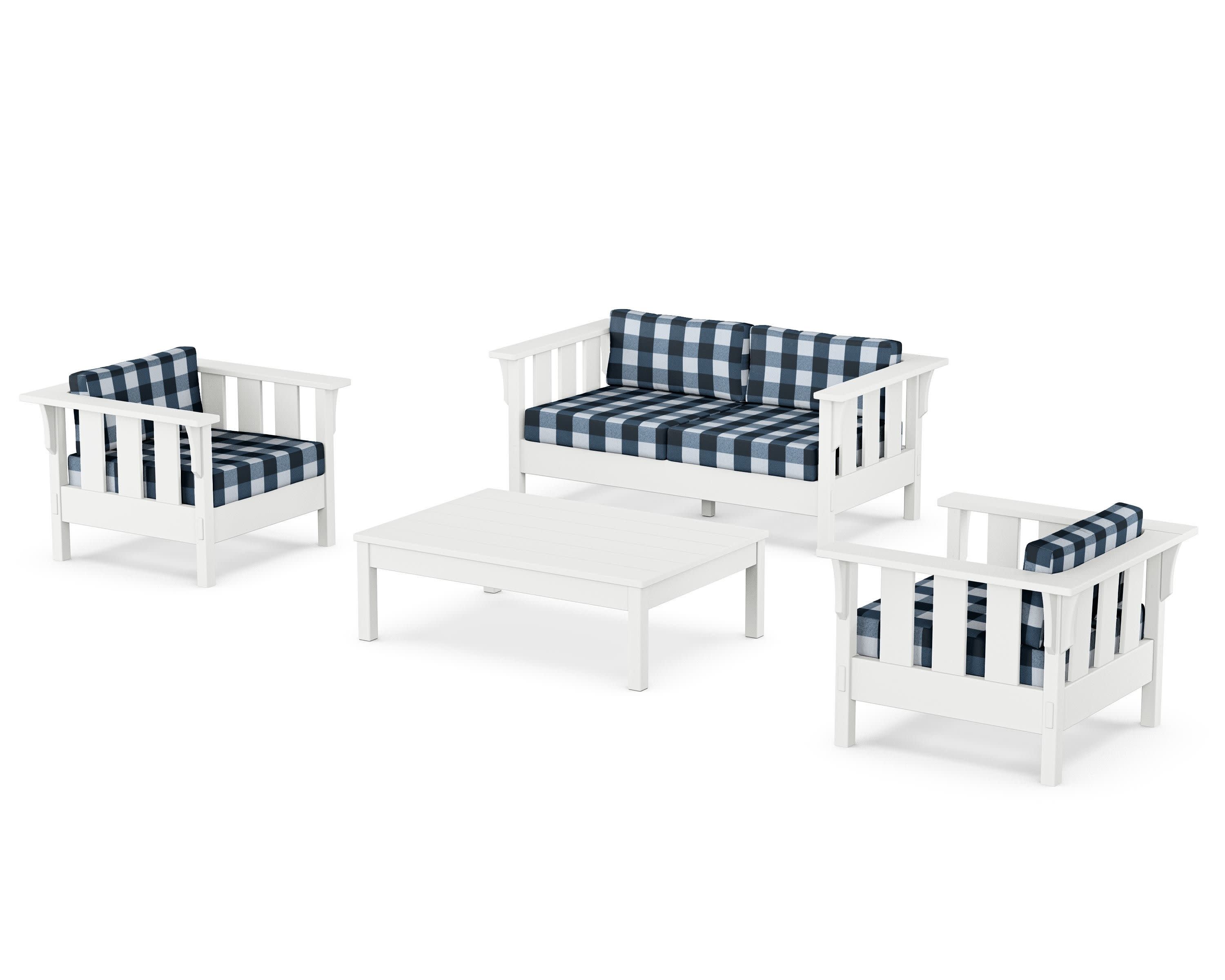 Acadia 4-Piece Deep Seating Set with Loveseat in White / Buffalo Plaid Marine Indigo